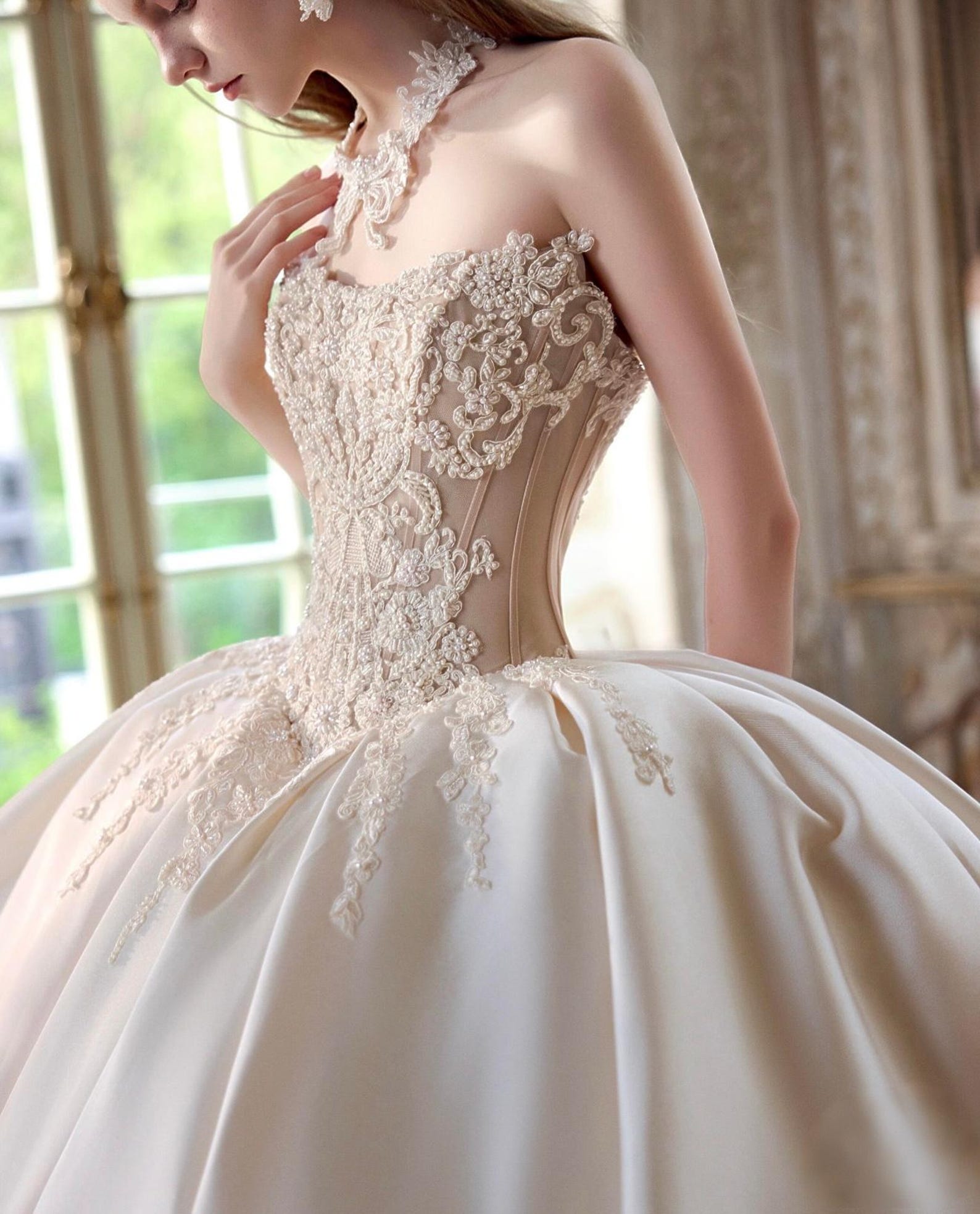 Strapless Beaded Lace Satin Ball Gown Wedding Dress, Sheer Corset Bodice, Voluminous Skirt Cathedral Train Custom Bridal Gown