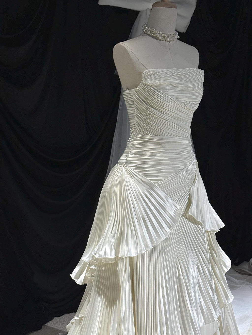 Pleated Strapless Tiered Wedding Dress, Ruffled Bridal Gown