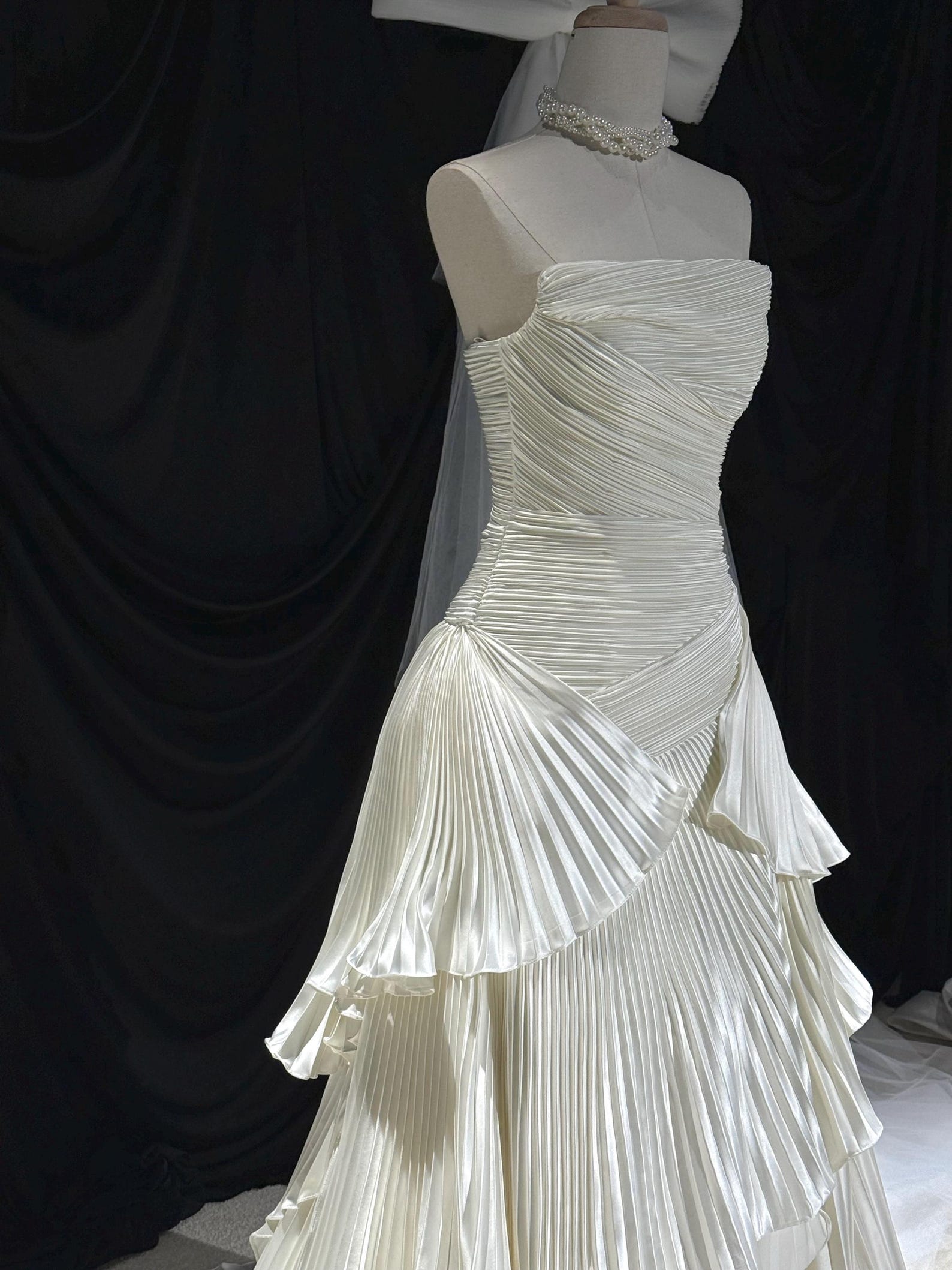 Pleated Strapless Tiered Wedding Dress, Ruffled Bridal Gown