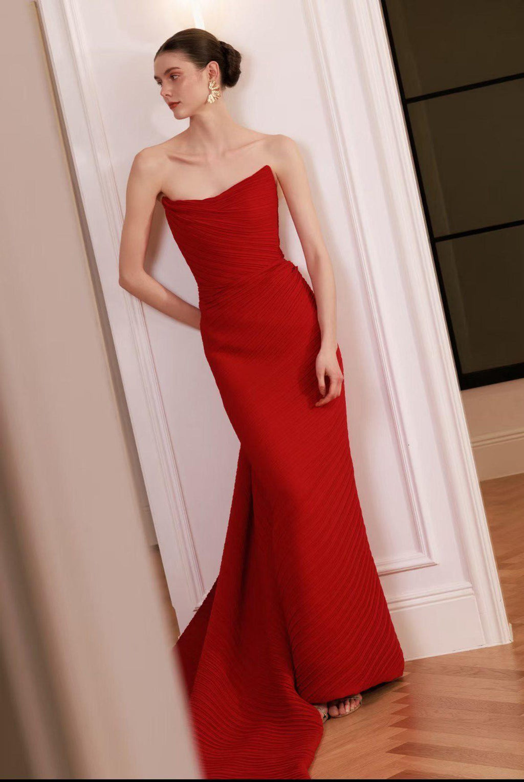 Strapless Red Mermaid Evening Gown, Textured Pleated Formal Dress With 3D Rose, Slit Wedding Reception Dress Custom Made