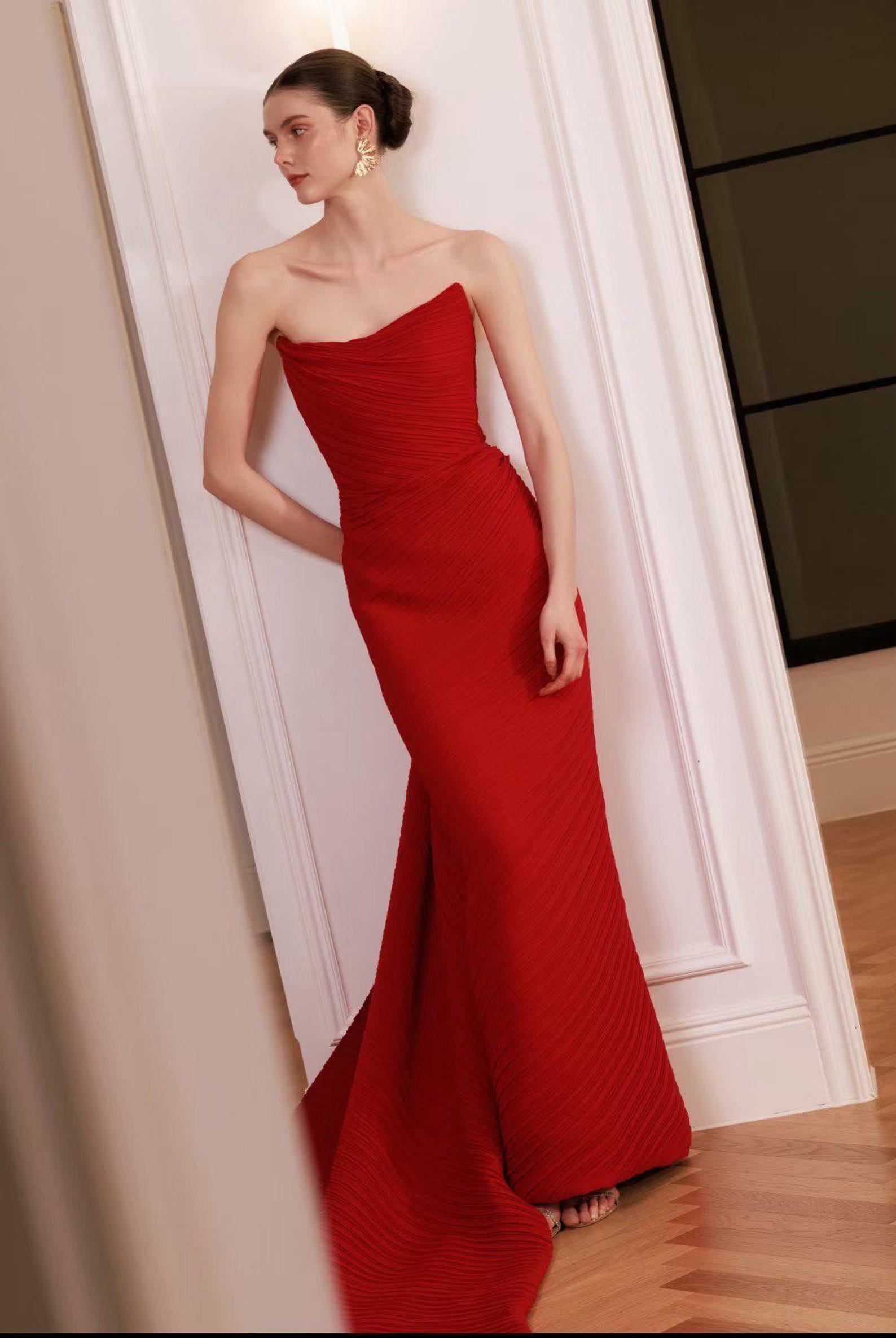 Strapless Red Mermaid Evening Gown, Textured Pleated Formal Dress With 3D Rose, Slit Wedding Reception Dress Custom Made