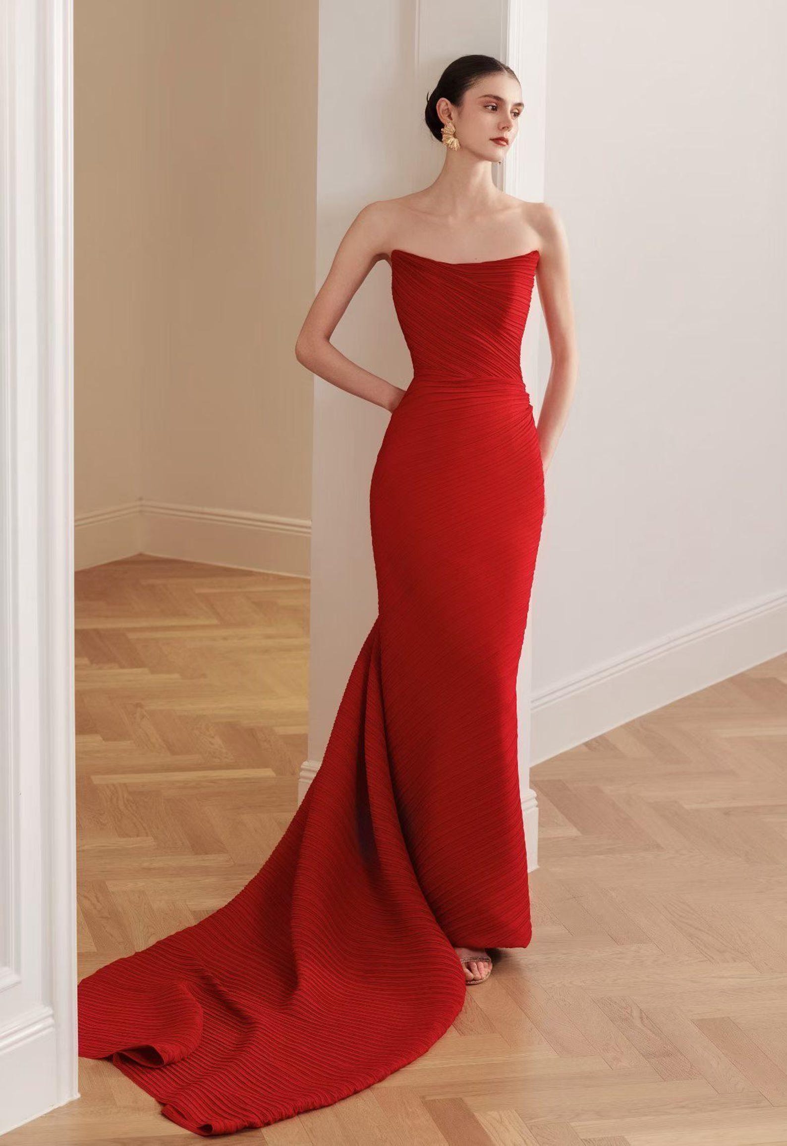 Strapless Red Mermaid Evening Gown, Textured Pleated Formal Dress With 3D Rose, Slit Wedding Reception Dress Custom Made