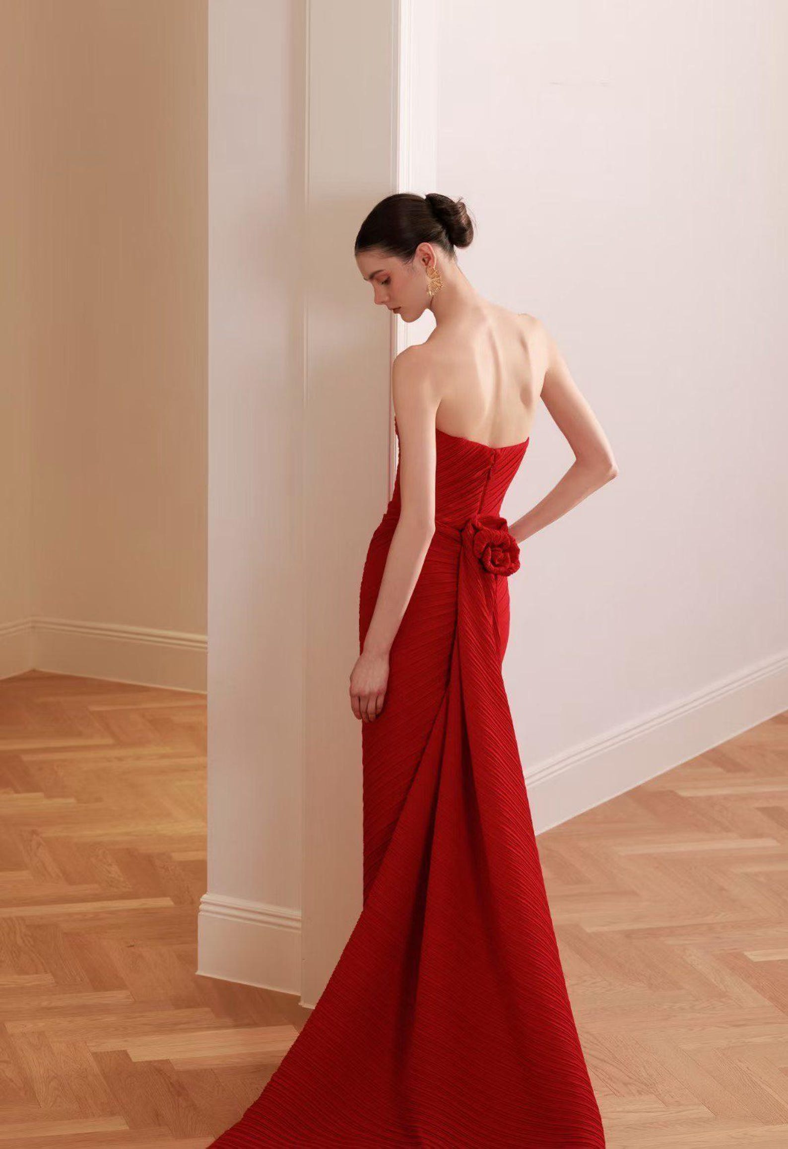Strapless Red Mermaid Evening Gown, Textured Pleated Formal Dress With 3D Rose, Slit Wedding Reception Dress Custom Made