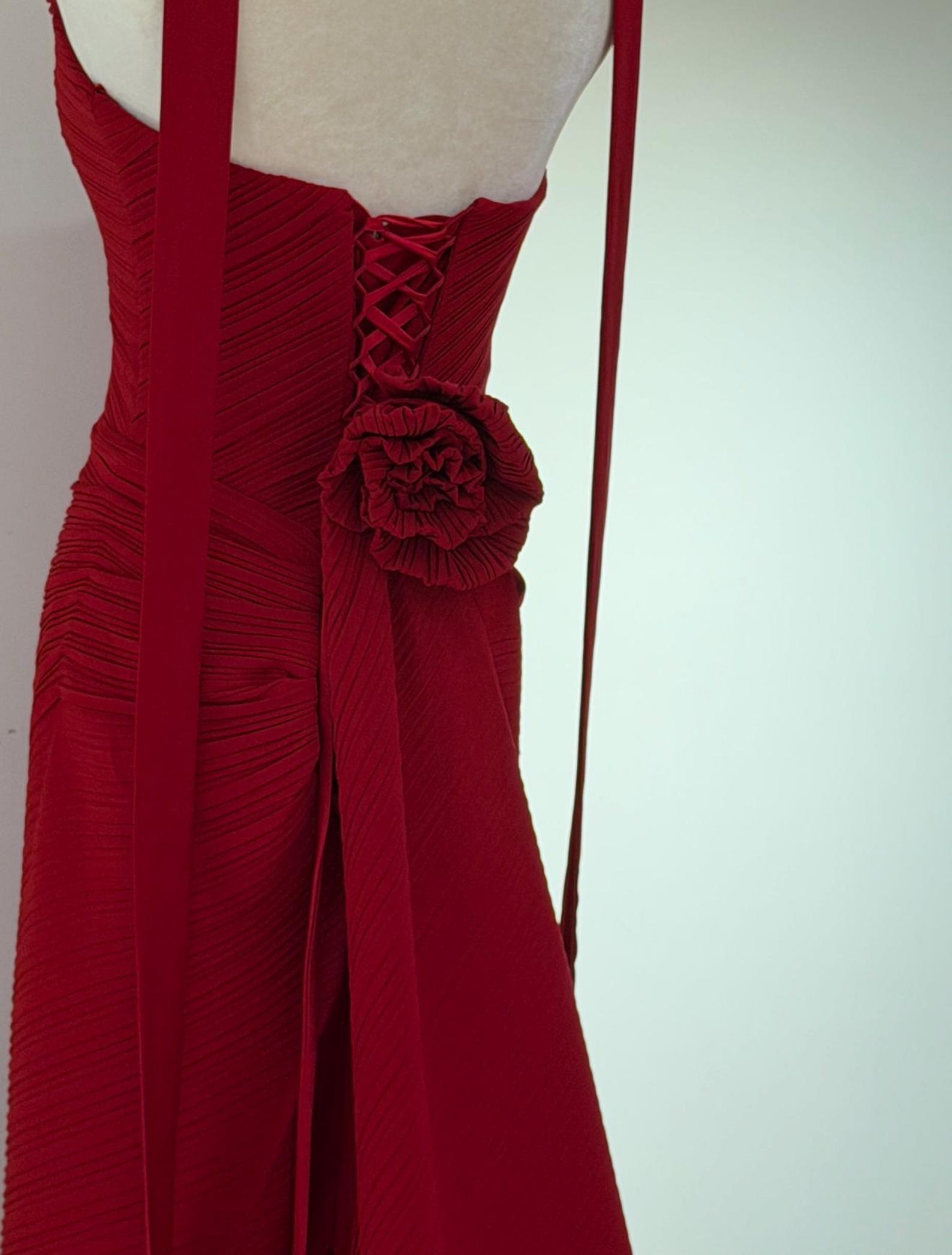 Strapless Red Mermaid Evening Gown, Textured Pleated Formal Dress With 3D Rose, Slit Wedding Reception Dress Custom Made