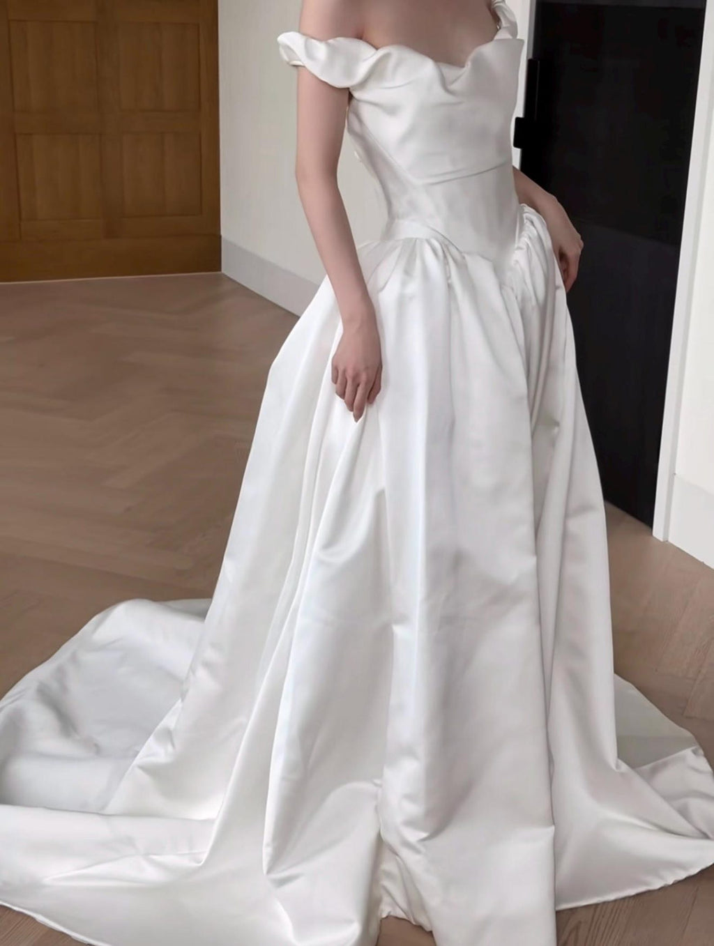 Off The Shoulder Satin Ballgown Wedding Dress, Ruffled V Neck Puff Skirt Bridal Gown, Custom Classic Wedding Gown