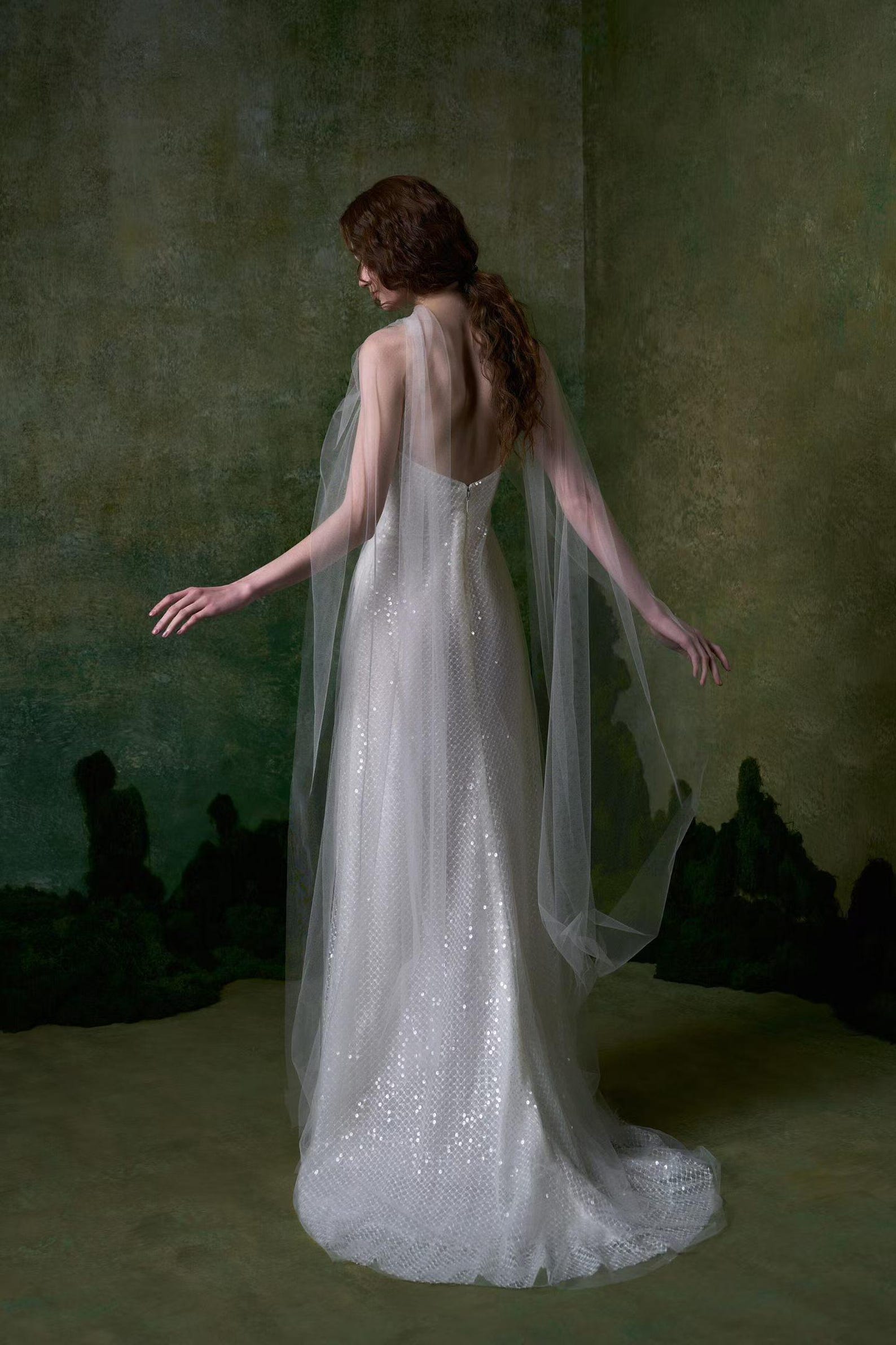 Strapless Draped Sequin Mesh Mermaid Wedding Dress, Tulle Wing Bridal Gown, Romantic Elopement Wedding Dress Custom Made
