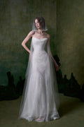 Strapless Draped Sequin Mesh Mermaid Wedding Dress, Tulle Wing Bridal Gown, Romantic Elopement Wedding Dress Custom Made