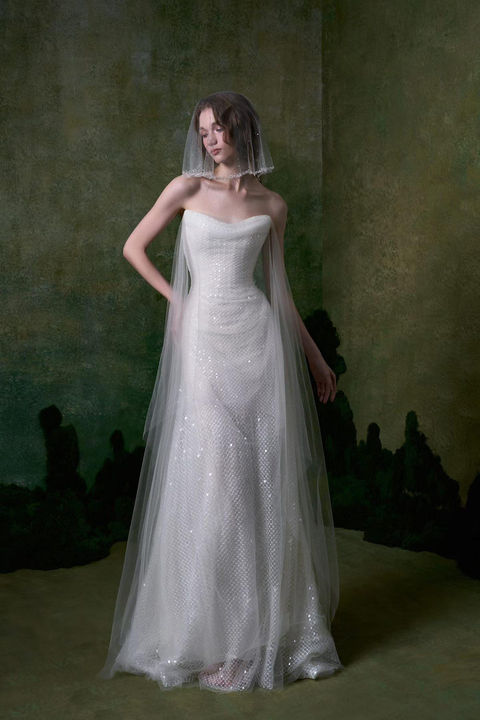 Strapless Draped Sequin Mesh Mermaid Wedding Dress, Tulle Wing Bridal Gown, Romantic Elopement Wedding Dress Custom Made