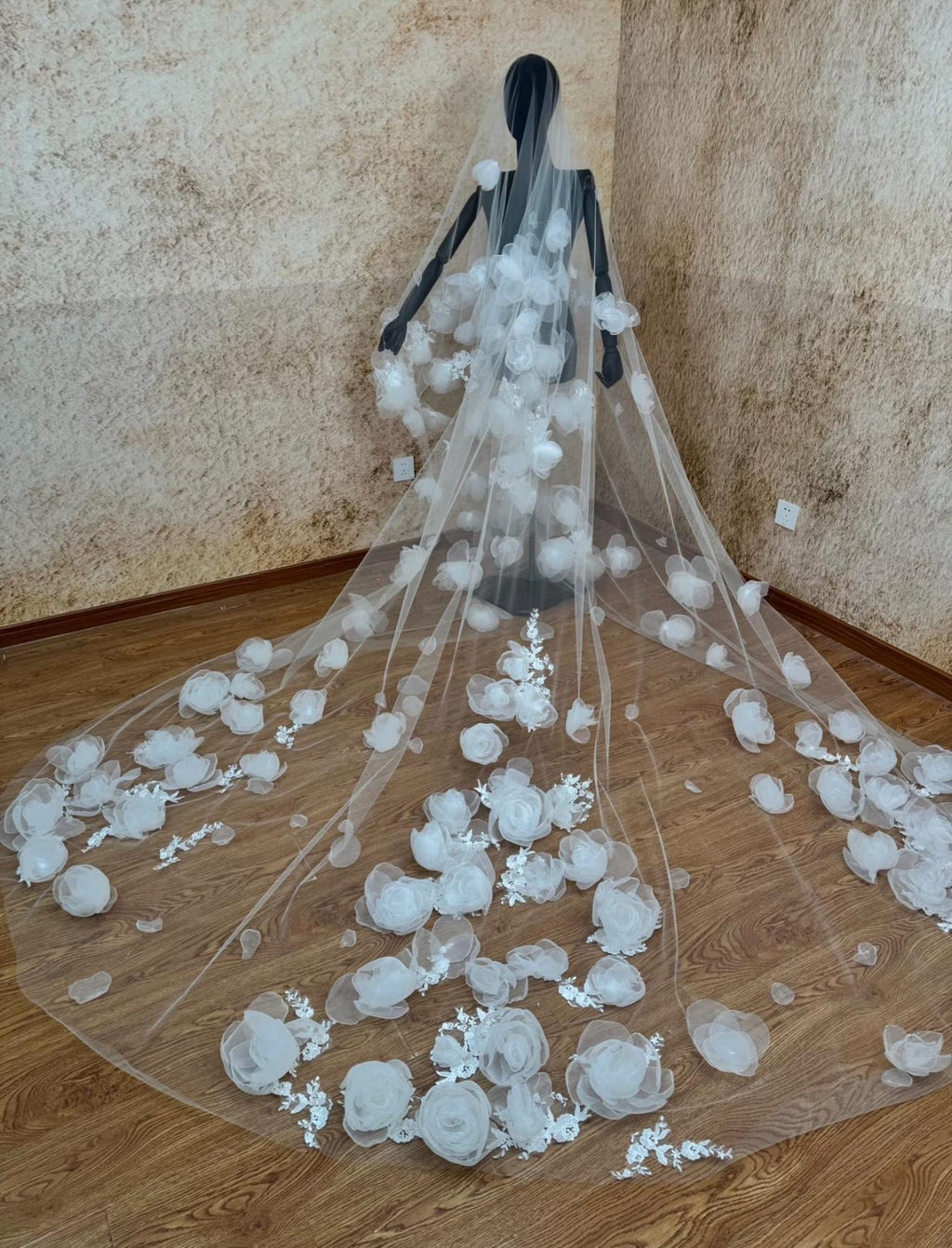 Fairytale 3D Floral Cathedral Veil, Handcrafted White Rose Bridal Veil, Long Tulle Wedding Veil with Scattered Flowers