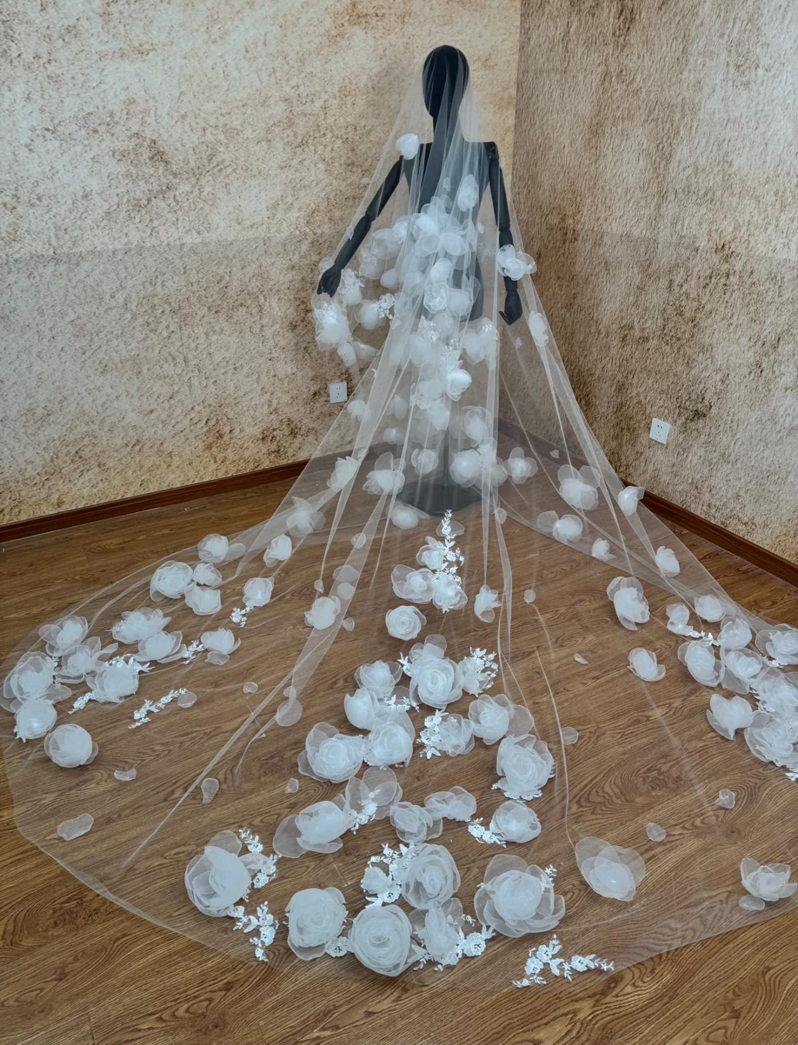 Fairytale 3D Floral Cathedral Veil, Handcrafted White Rose Bridal Veil, Long Tulle Wedding Veil with Scattered Flowers