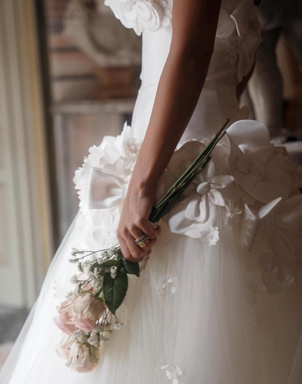 Strapless 3D Floral Wedding Gown, Handmade White Organza Flower Bridal Dress, Voluminous Tulle Ballgown, Custom Wedding Dress