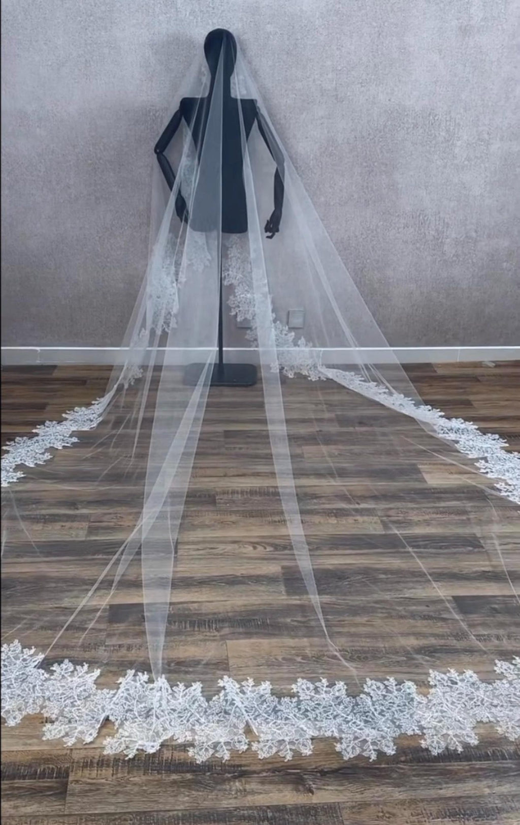 Lace Edge Cathedral Wedding Veil, Floral Lace Trim Long Tulle Bridal Veil, Vintage Trimmed Cathedral Bridal Veil