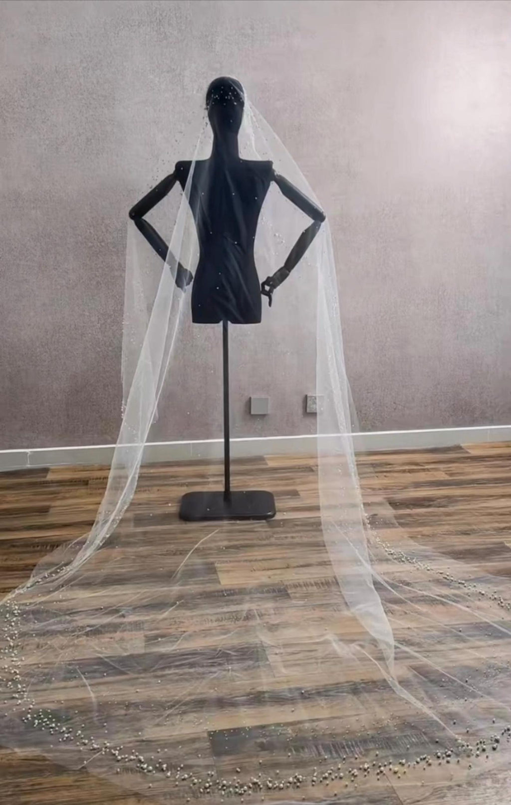 Pearl Scattered Cathedral Wedding Veil, Sparkly Sequin Tulle Bridal Veil, Long Beaded Bridal Veil