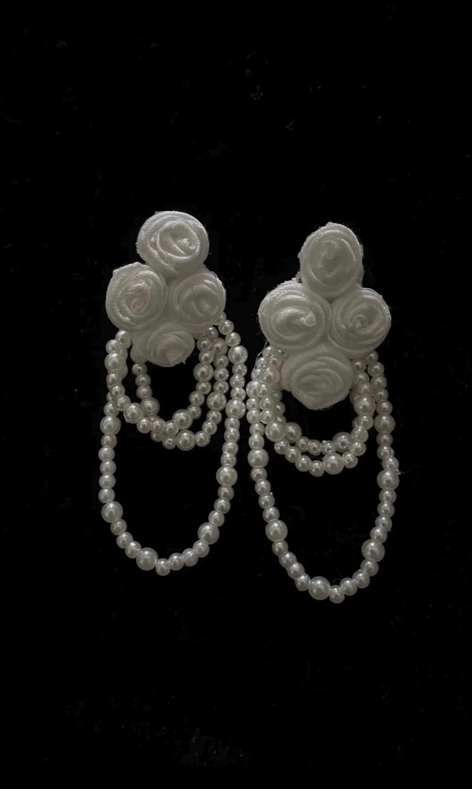 Handmade Satin Flower Pearl Tassel Earrings, Ivory Floral Bridal Drop Earrings, Romantic Statement Earrings for Wedding Bride