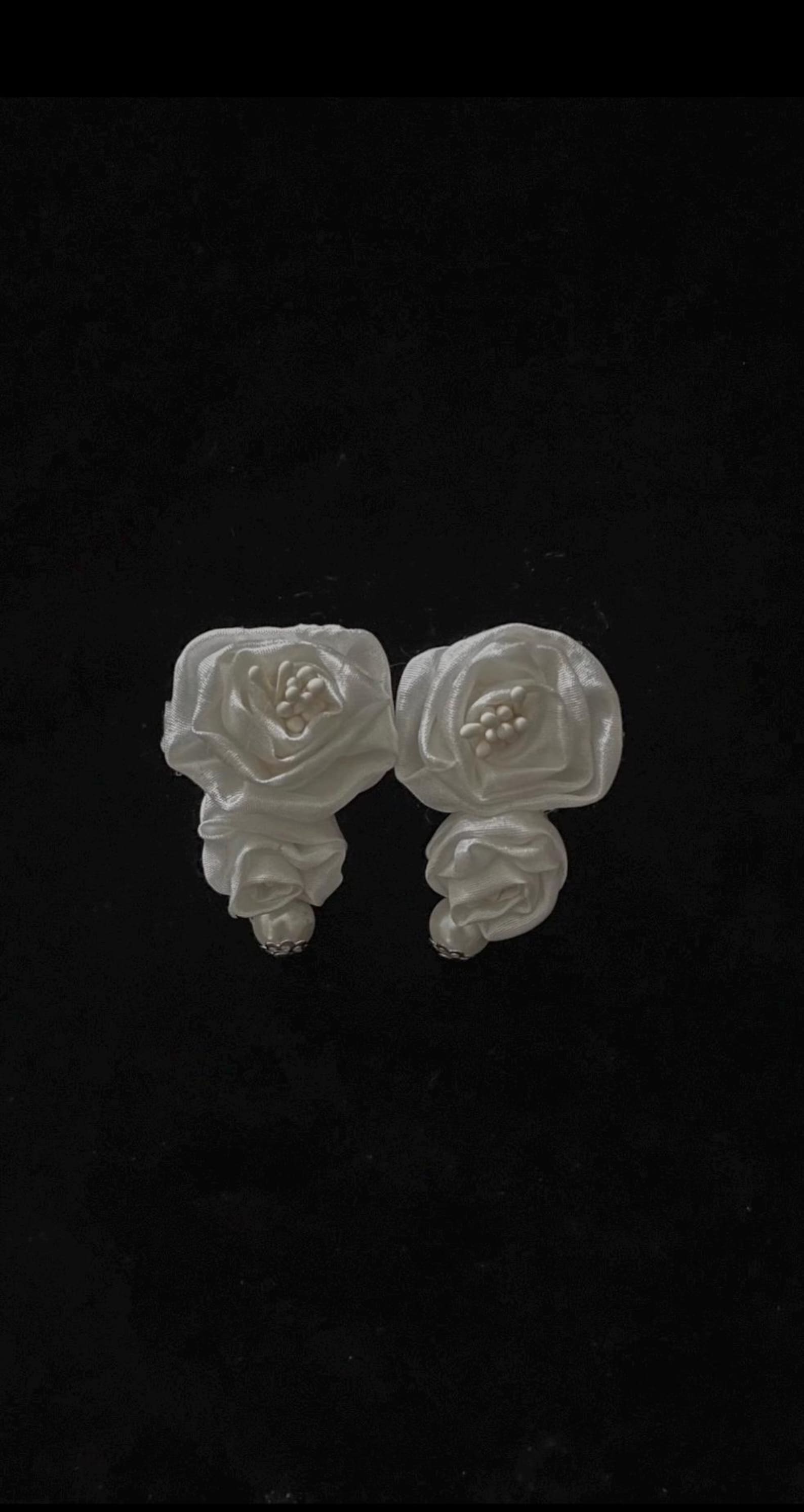 Handmade Satin Flower Pearl Tassel Earrings, Ivory Floral Bridal Drop Earrings, Romantic Statement Earrings for Wedding Bride