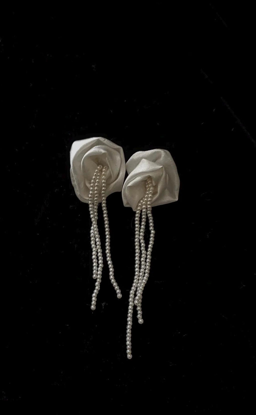 Handmade Satin Flower Pearl Tassel Earrings, Ivory Floral Bridal Drop Earrings, Romantic Statement Earrings for Wedding Bride