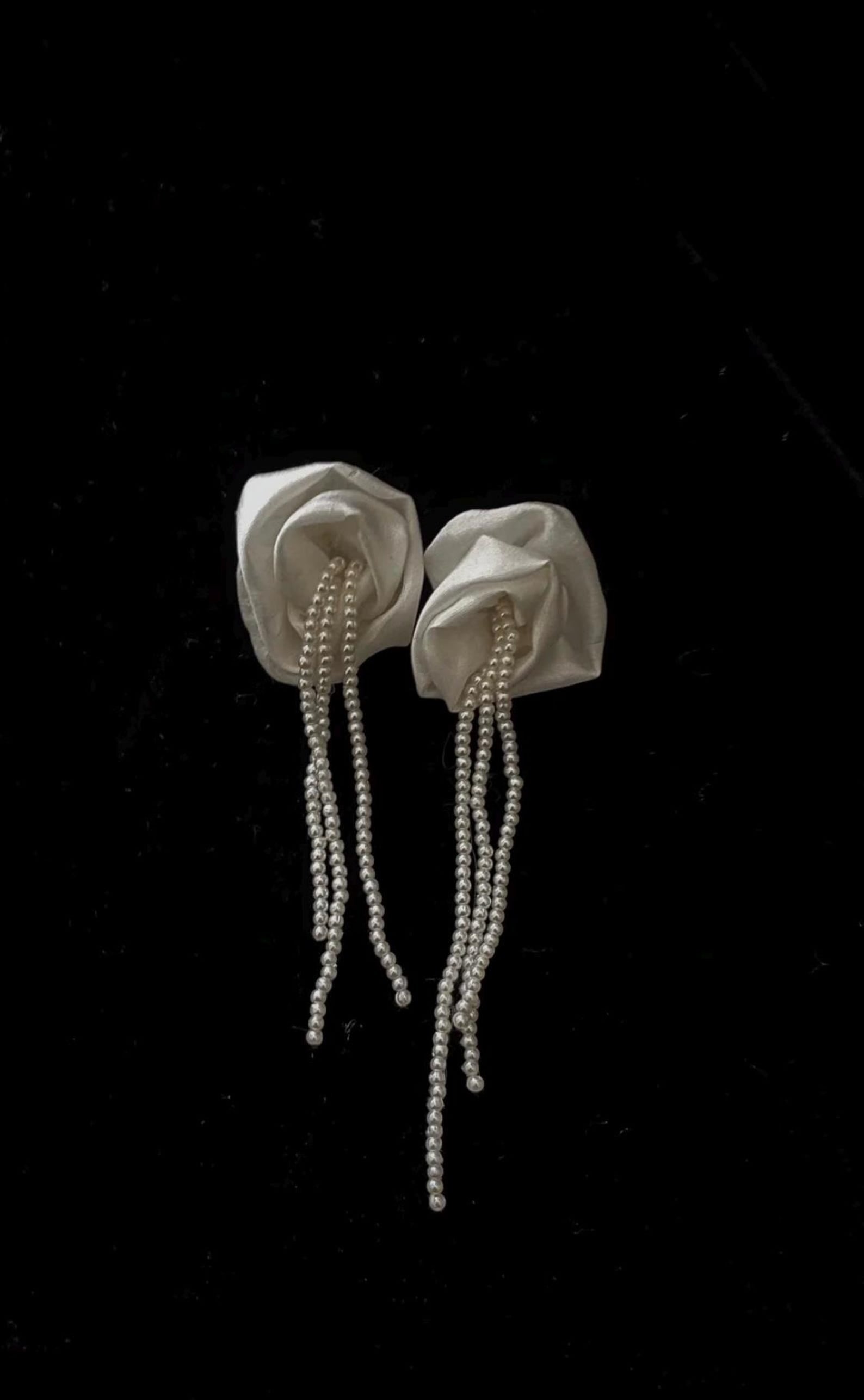 Handmade Satin Flower Pearl Tassel Earrings, Ivory Floral Bridal Drop Earrings, Romantic Statement Earrings for Wedding Bride