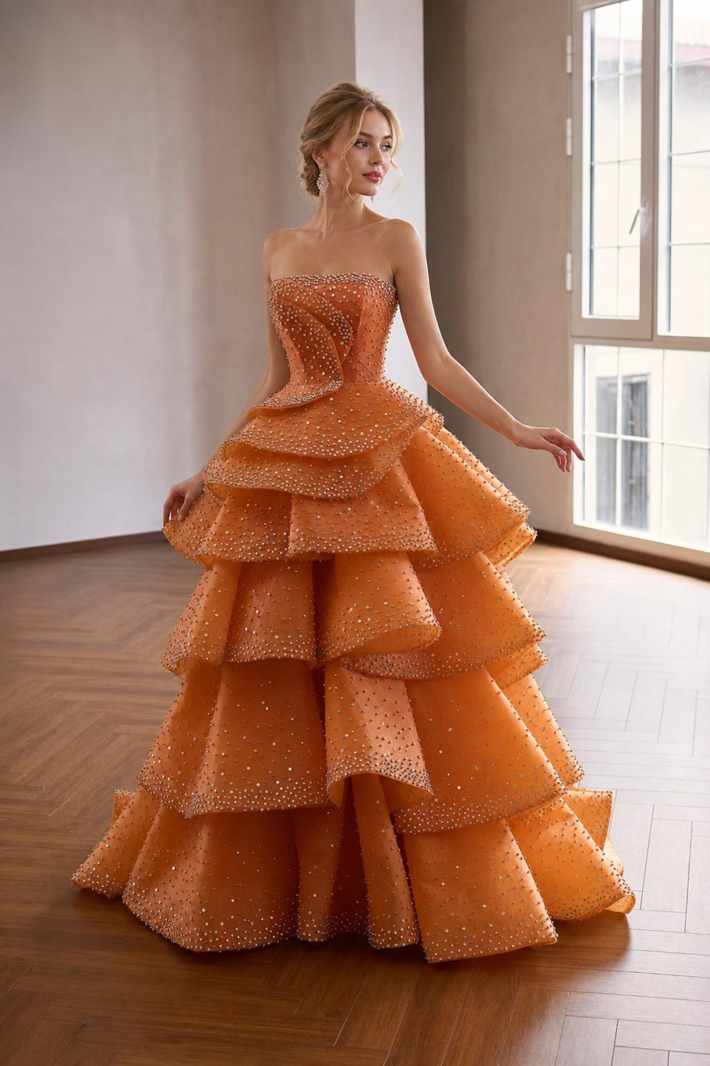 Strapless Burnt Orange Rhinestone Tiered Ball Gown, Luxury Ruffled Evening Dress, Formal Prom Dress, Wedding Guest Pageant Gown Custom Size