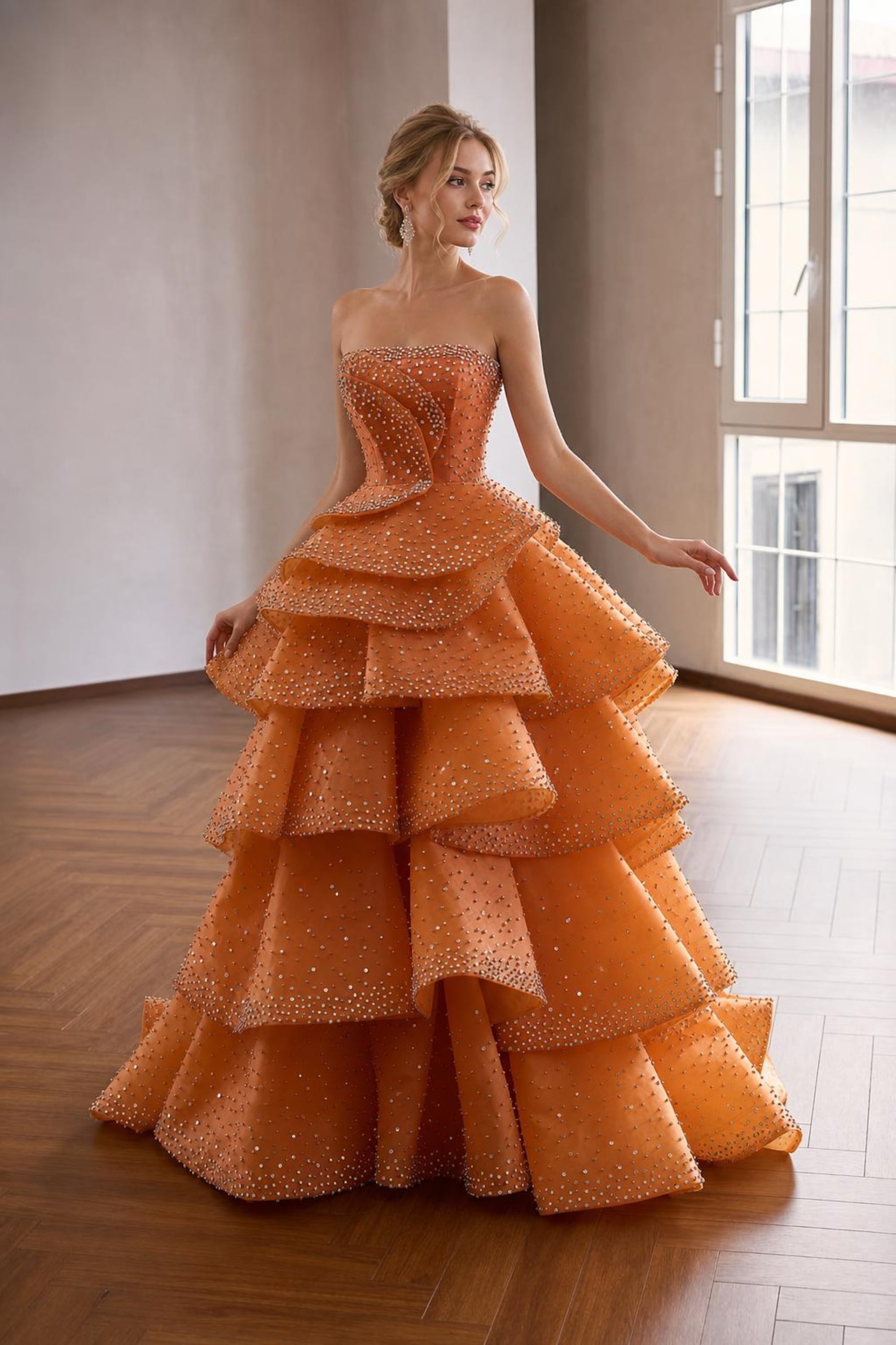 Strapless Burnt Orange Rhinestone Tiered Ball Gown, Luxury Ruffled Evening Dress, Formal Prom Dress, Wedding Guest Pageant Gown Custom Size
