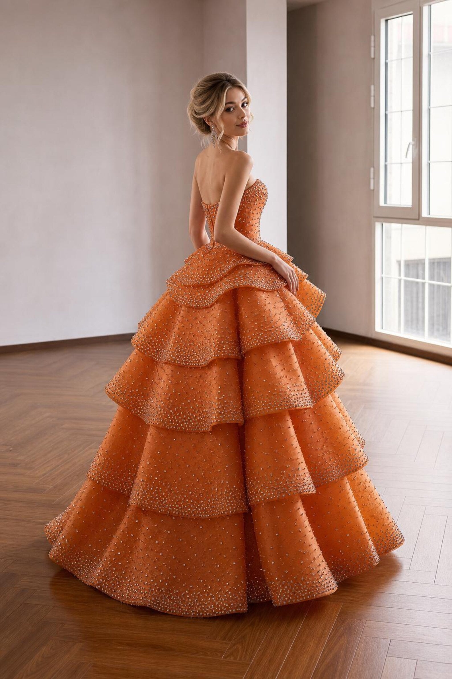 Strapless Burnt Orange Rhinestone Tiered Ball Gown, Luxury Ruffled Evening Dress, Formal Prom Dress, Wedding Guest Pageant Gown Custom Size