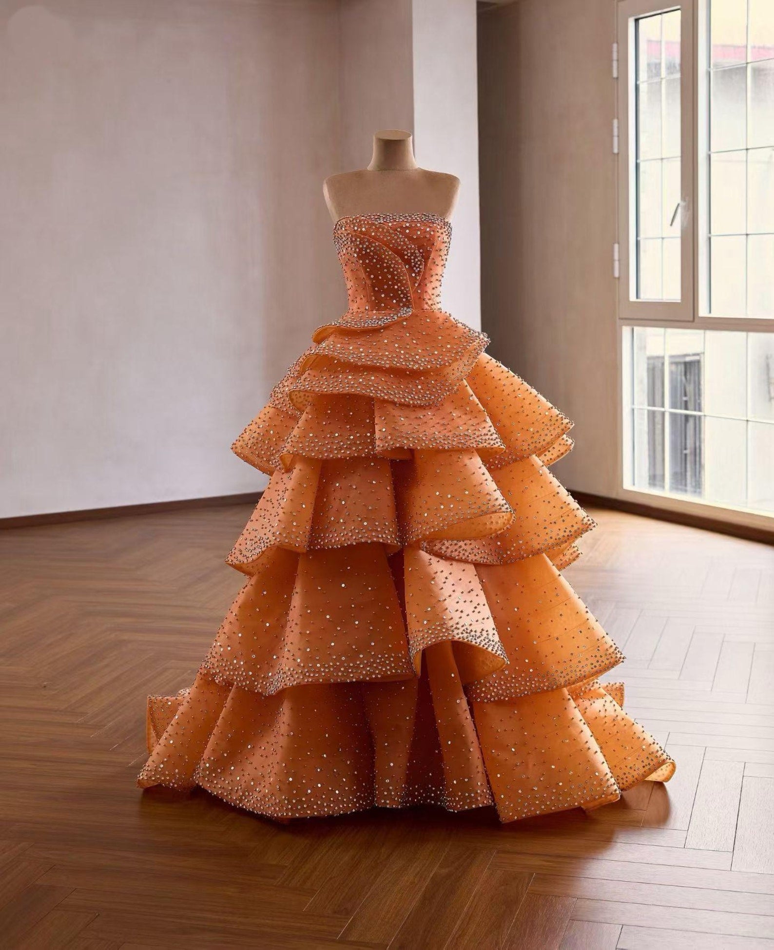 Strapless Burnt Orange Rhinestone Tiered Ball Gown, Luxury Ruffled Evening Dress, Formal Prom Dress, Wedding Guest Pageant Gown Custom Size