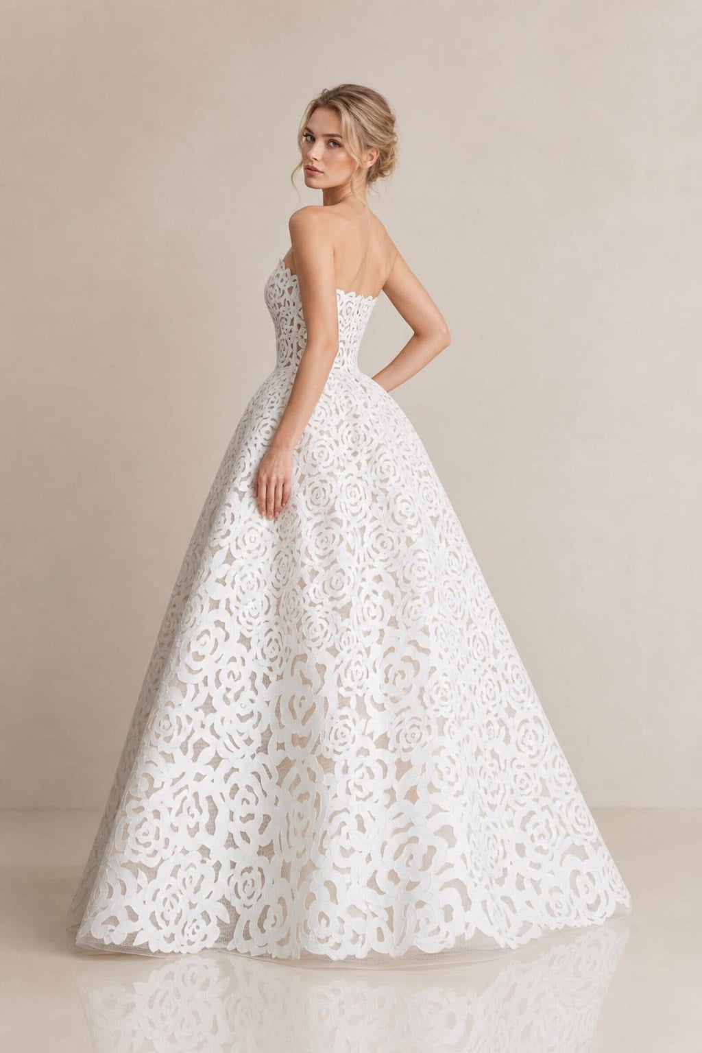 Strapless 3D Rose Lace Ball Gown Wedding Dress, White Floral Cutout Lace Bridal Gown, Custom Size Romantic Wedding Gown With Train