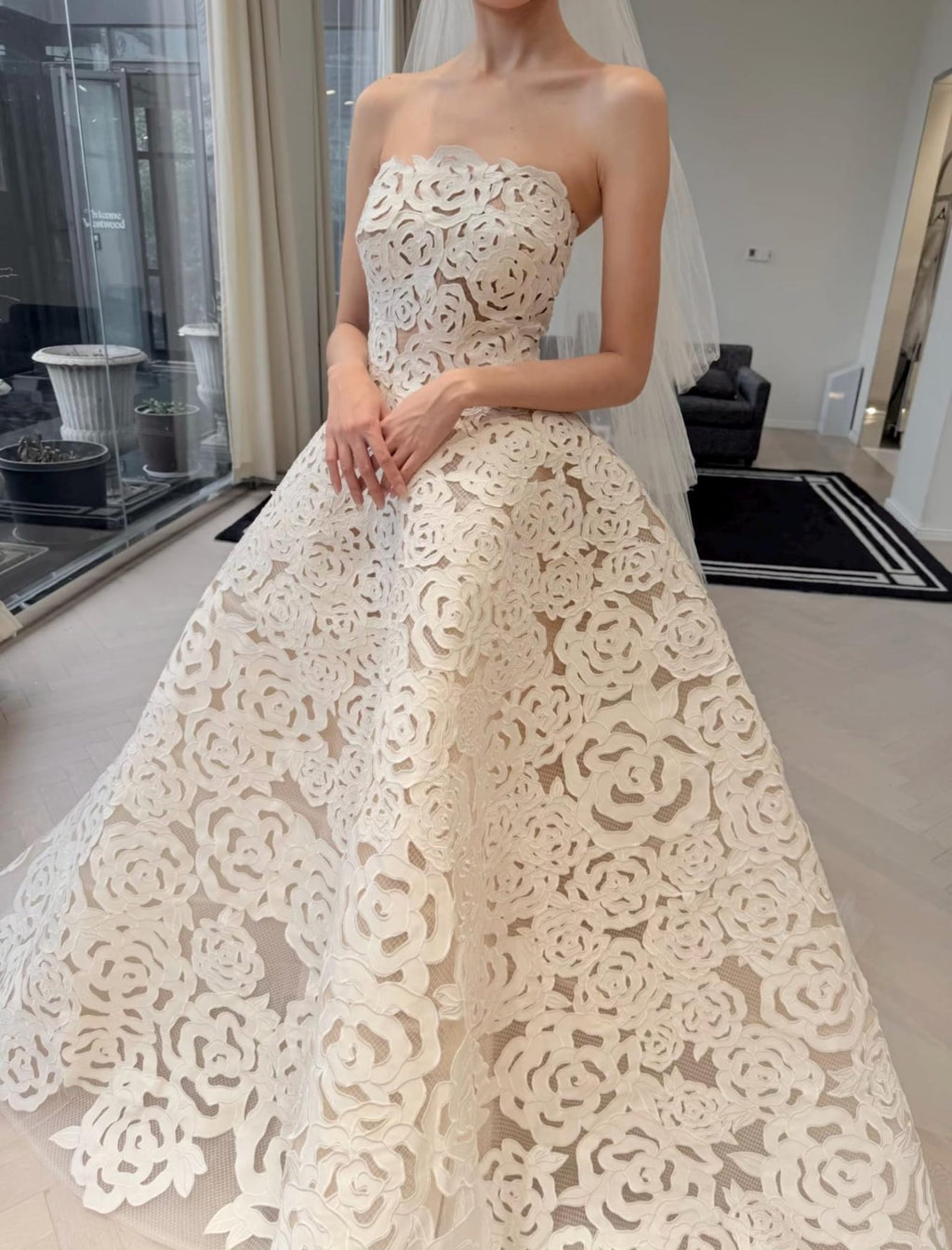 Strapless 3D Rose Lace Ball Gown Wedding Dress, White Floral Cutout Lace Bridal Gown, Custom Size Romantic Wedding Gown With Train