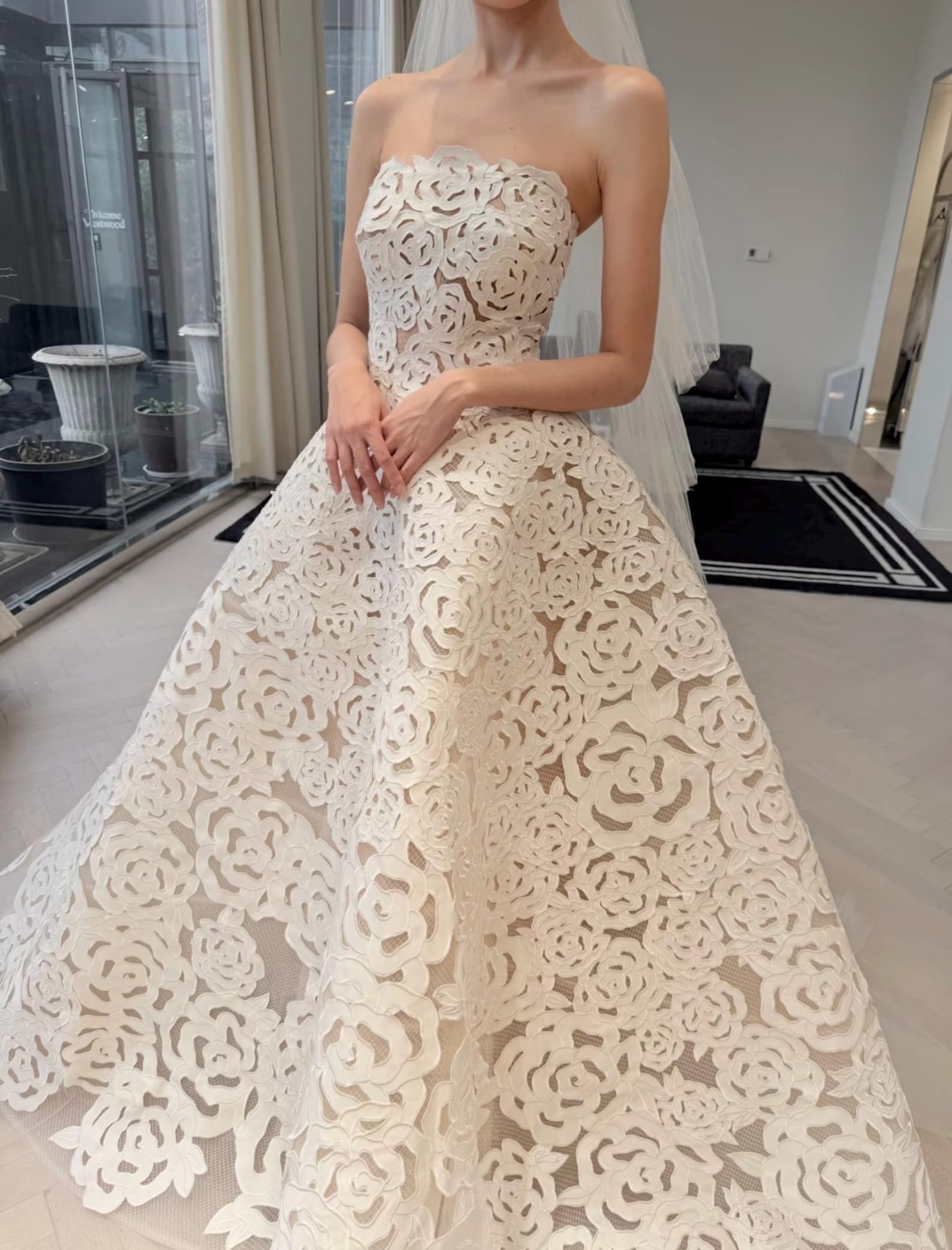 Strapless 3D Rose Lace Ball Gown Wedding Dress, White Floral Cutout Lace Bridal Gown, Custom Size Romantic Wedding Gown With Train