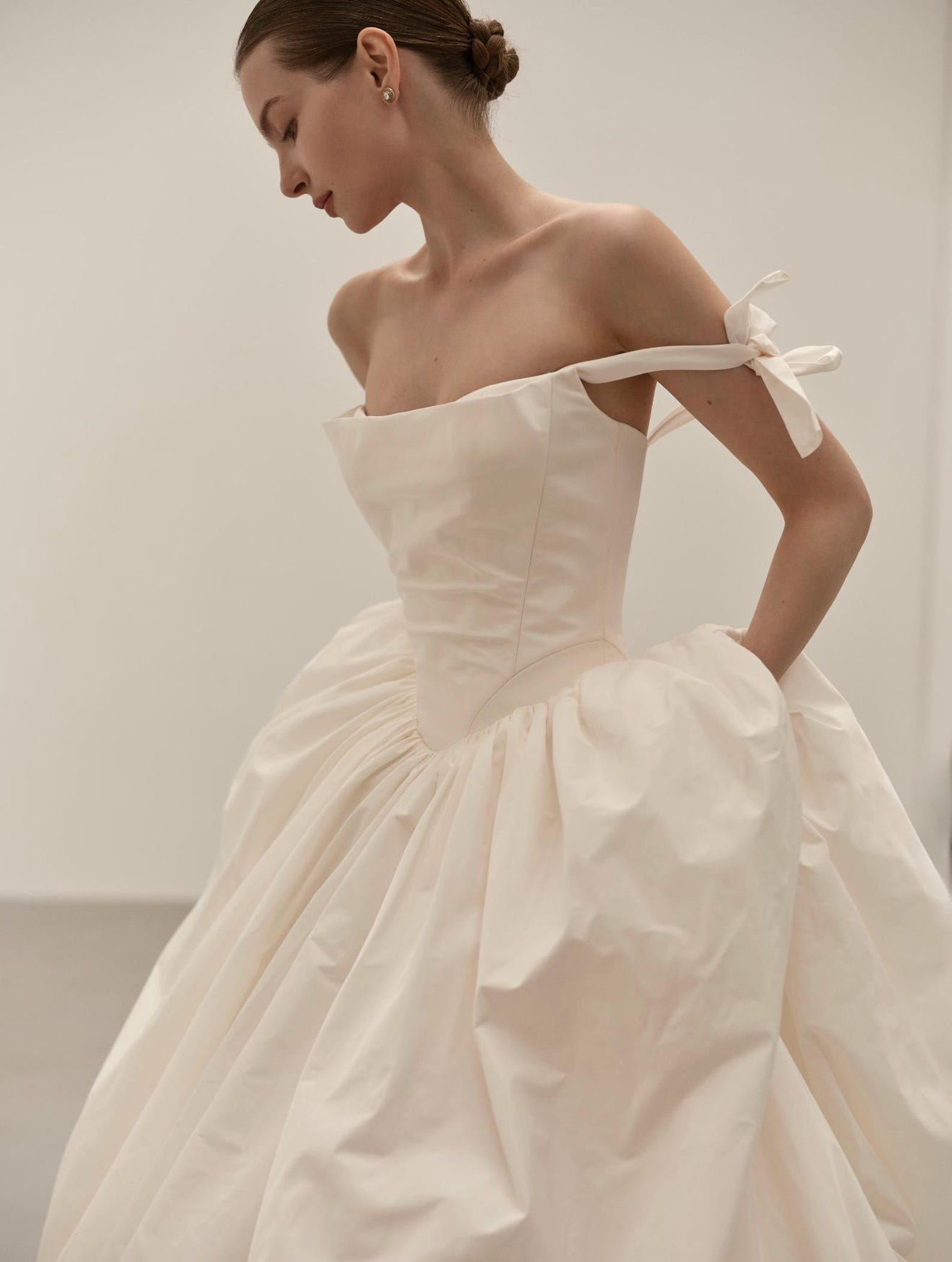 Minimalist Off Shoulder Bow Strap Wedding Gown, Draped Sweetheart Taffeta Ballgown With Pockets, Custom Made Bridal Dress