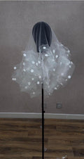 3D Floral Ruffled Bridal Veil, Short Puffy Tulle Wedding Veil With Appliqué Flowers & Beads