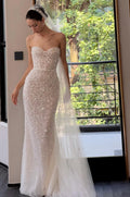 Luxury Strapless Sweetheart Corset Wedding Gown, All Over Sequin Beaded Mermaid Bridal Dress, Sparkly Ivory Fit-and-Flare Wedding Dress