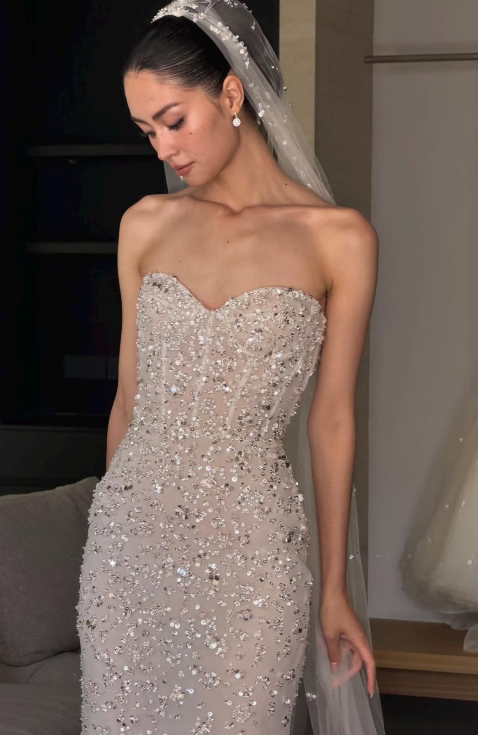 Luxury Strapless Sweetheart Corset Wedding Gown, All Over Sequin Beaded Mermaid Bridal Dress, Sparkly Ivory Fit-and-Flare Wedding Dress