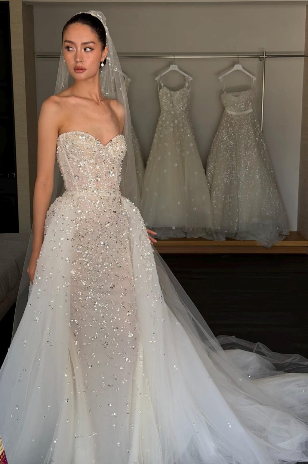 Luxury Strapless Sweetheart Corset Wedding Gown, All Over Sequin Beaded Mermaid Bridal Dress, Sparkly Ivory Fit-and-Flare Wedding Dress