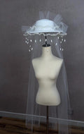 Vintage White Bridal Hat, Pearl Wreath Tassel Headpiece With Long Sheer Tulle Veil, Wedding Fascinator for Bridal Photoshoot