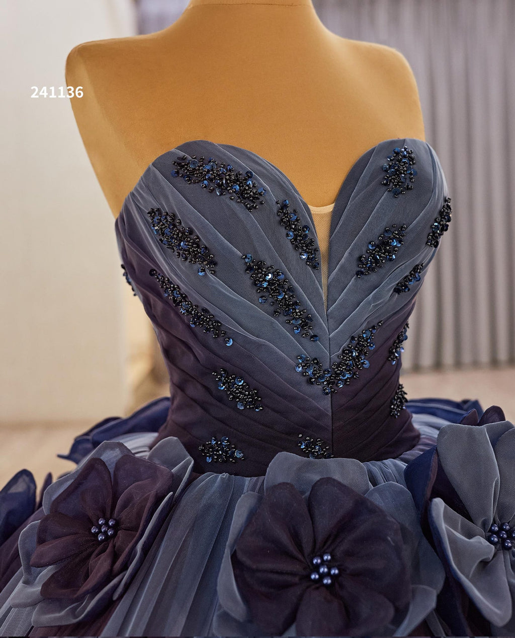 Strapless Sweetheart Dark Navy 3D Floral Ball Gown, Luxury Beaded Long Train Evening Dress, Custom Formal Quinceañera Prom Gown