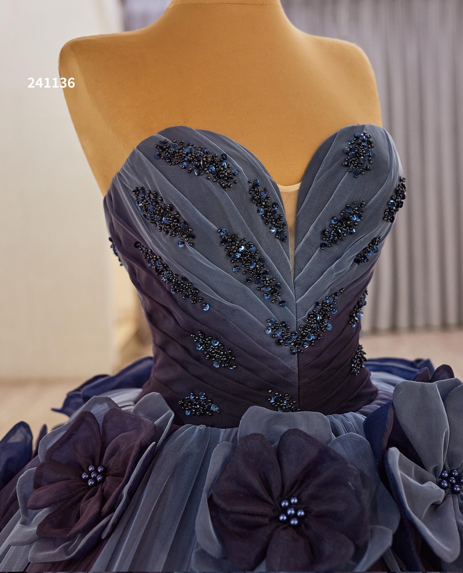 Strapless Sweetheart Dark Navy 3D Floral Ball Gown, Luxury Beaded Long Train Evening Dress, Custom Formal Quinceañera Prom Gown