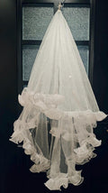 Ruffled Edge Bridal Veil, Dotted Pearl Tulle Wedding Veil, Multi‑Layer Ruffle Trim Bride Veil, Romantic Flounce Wedding Veil