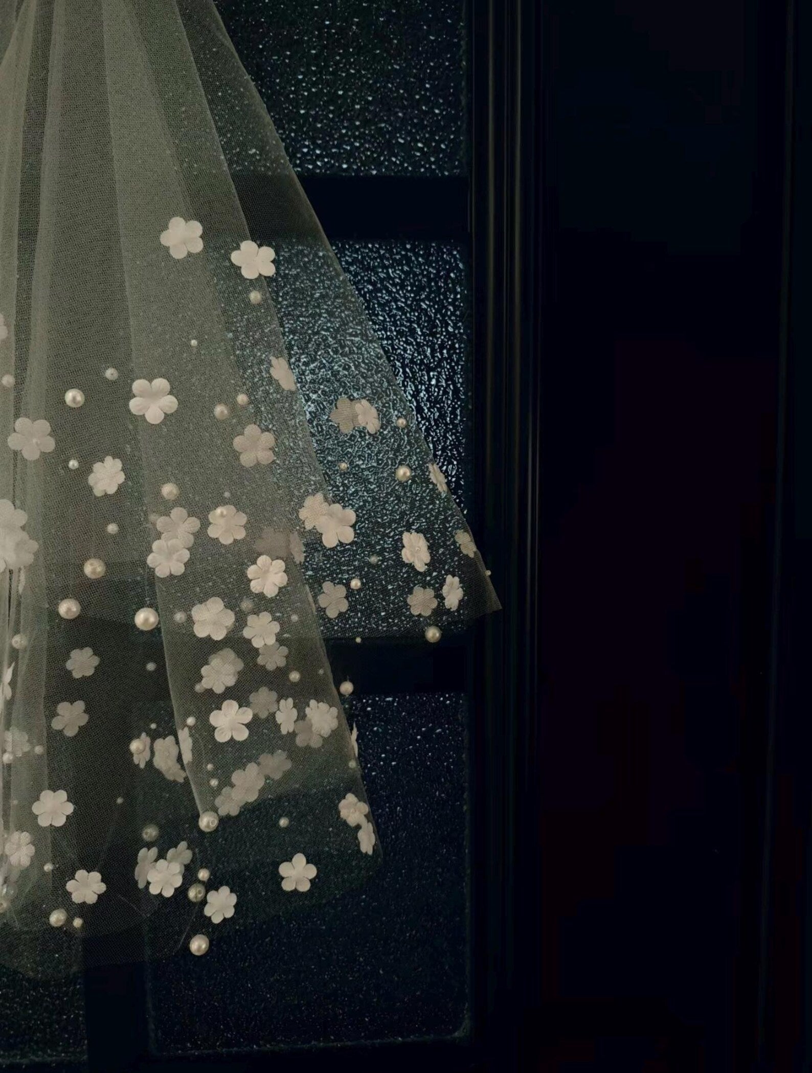 3D Floral Bridal Veil, Appliqué Flower Tulle Veil, Scattered Pearl Wedding Veil, Romantic Garden Bride Veil