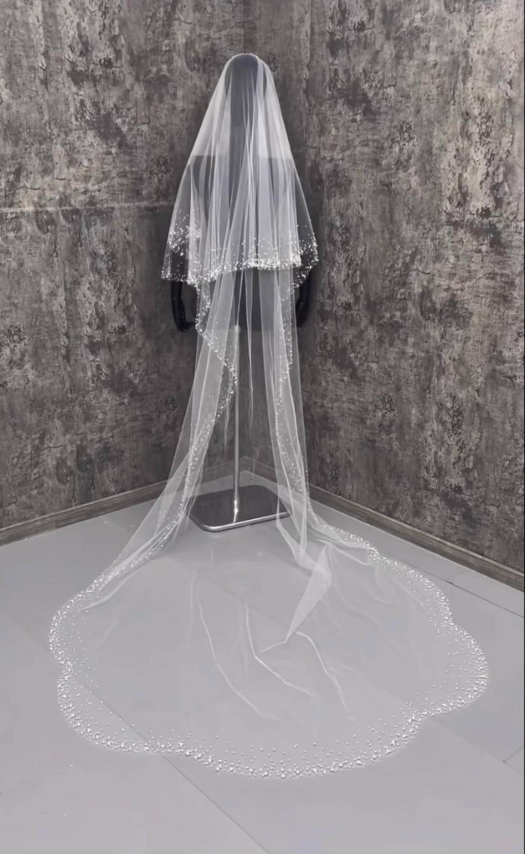 Two‑Tier Beaded Edge Cathedral Veil, Sprinkle Pearl Trim Long Wedding Veil, Sparkling Beaded Bridal Veil With Train