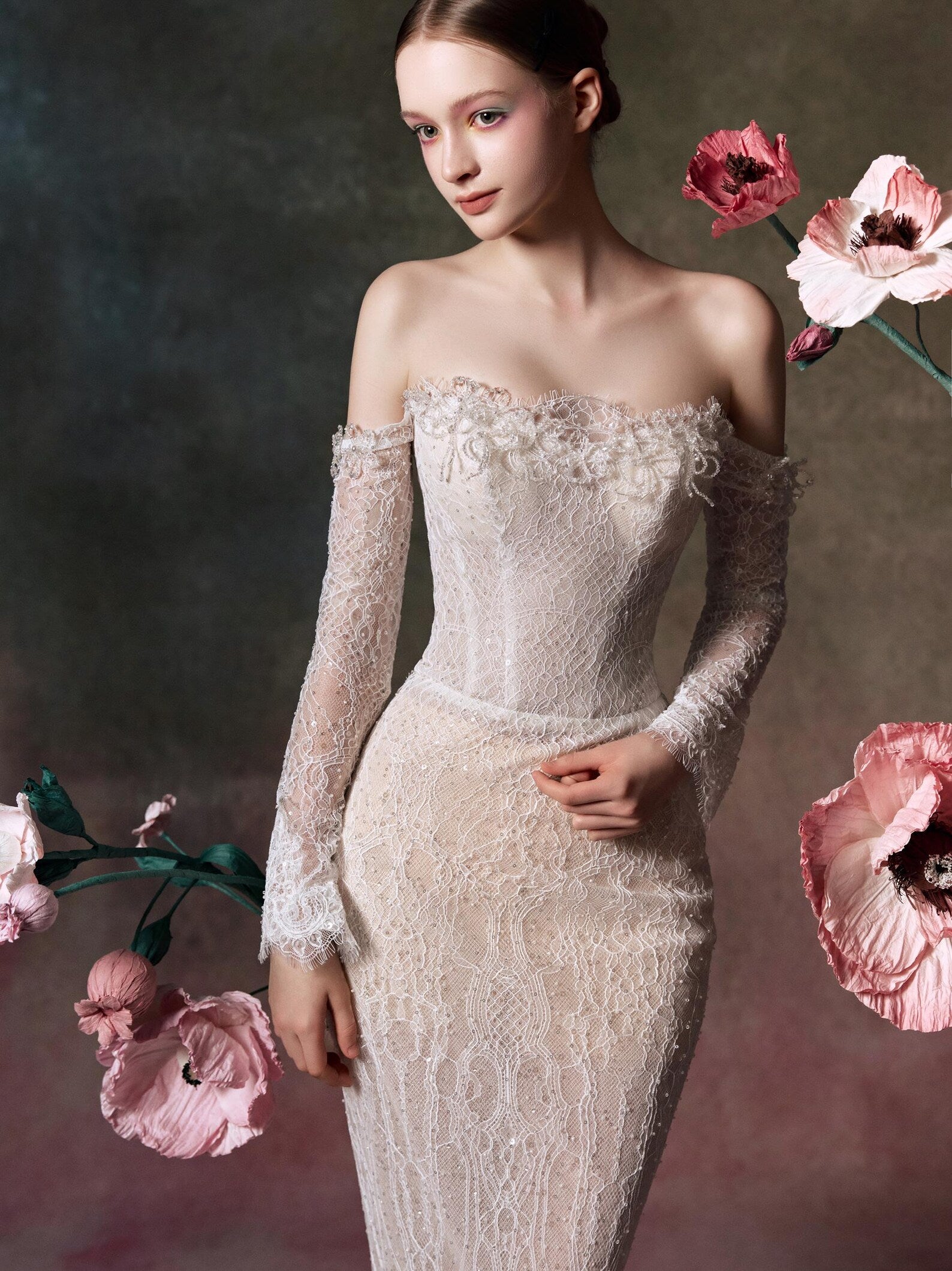 Detachable Long Sleeve Mermaid Wedding Dress, Off‑the‑Shoulder Lace Bridal Gown With Removable Satin Bow, Vintage Oil Painting Bride Dress
