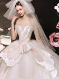 Strapless 3D Floral Ball Gown Wedding Dress, Hand‑crafted Petal Bridal Gown, Voluminous Sparkle Tulle Princess Wedding Gown