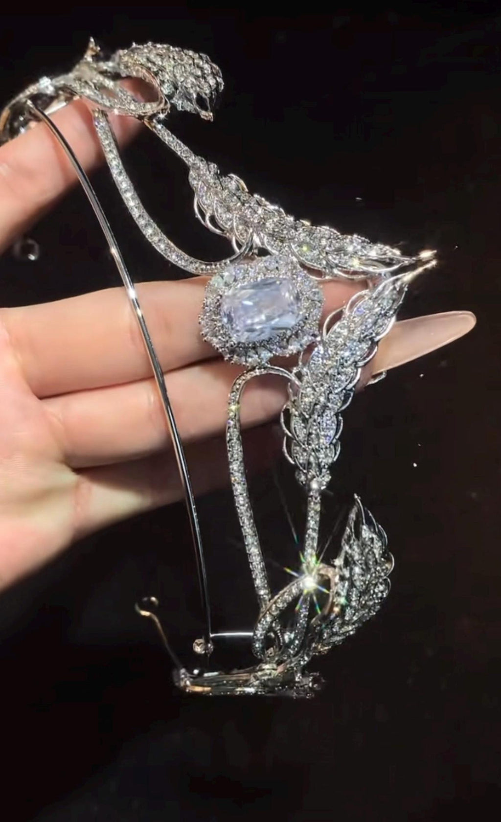 Swan Crystal Bridal Tiara, Leaf Rhinestone Wedding Crown, Large Center Stone Silver Wedding Headpiece For Bride