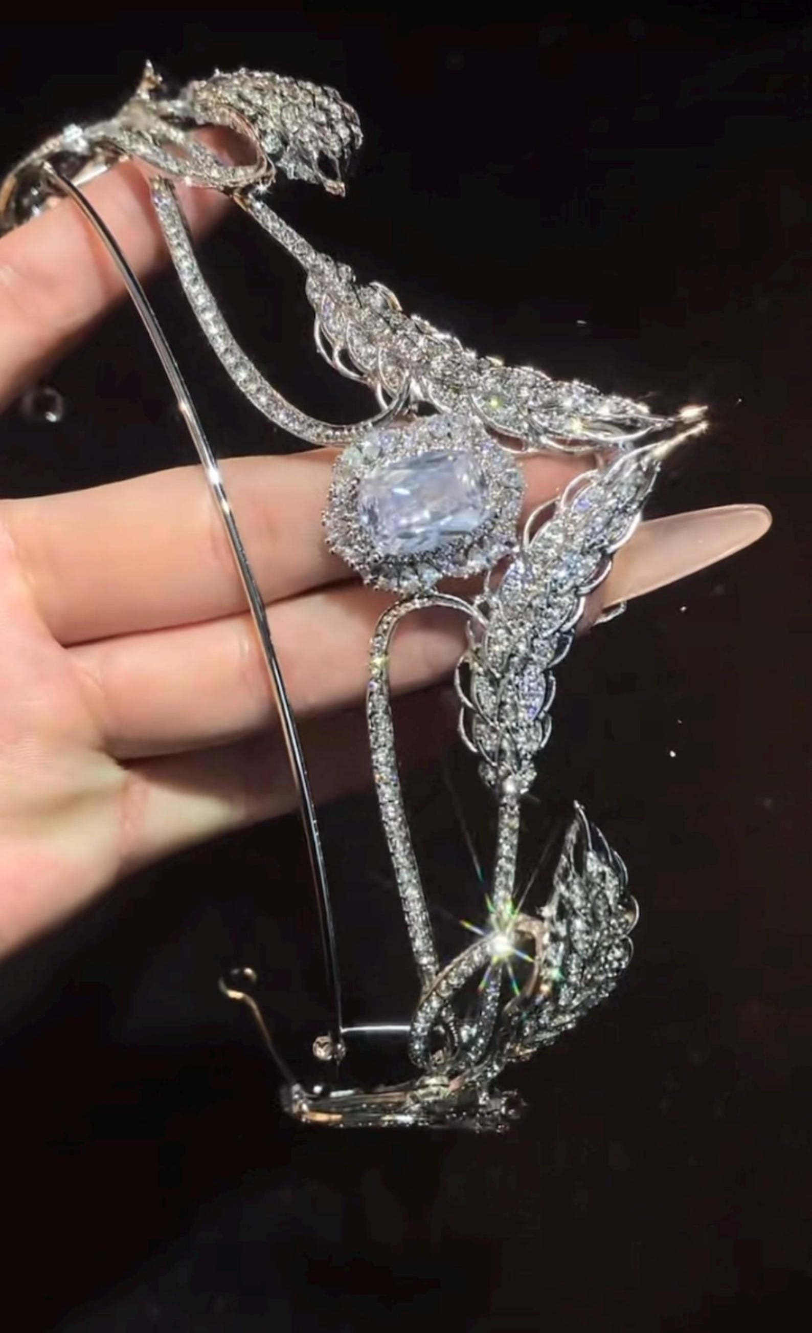 Swan Crystal Bridal Tiara, Leaf Rhinestone Wedding Crown, Large Center Stone Silver Wedding Headpiece For Bride