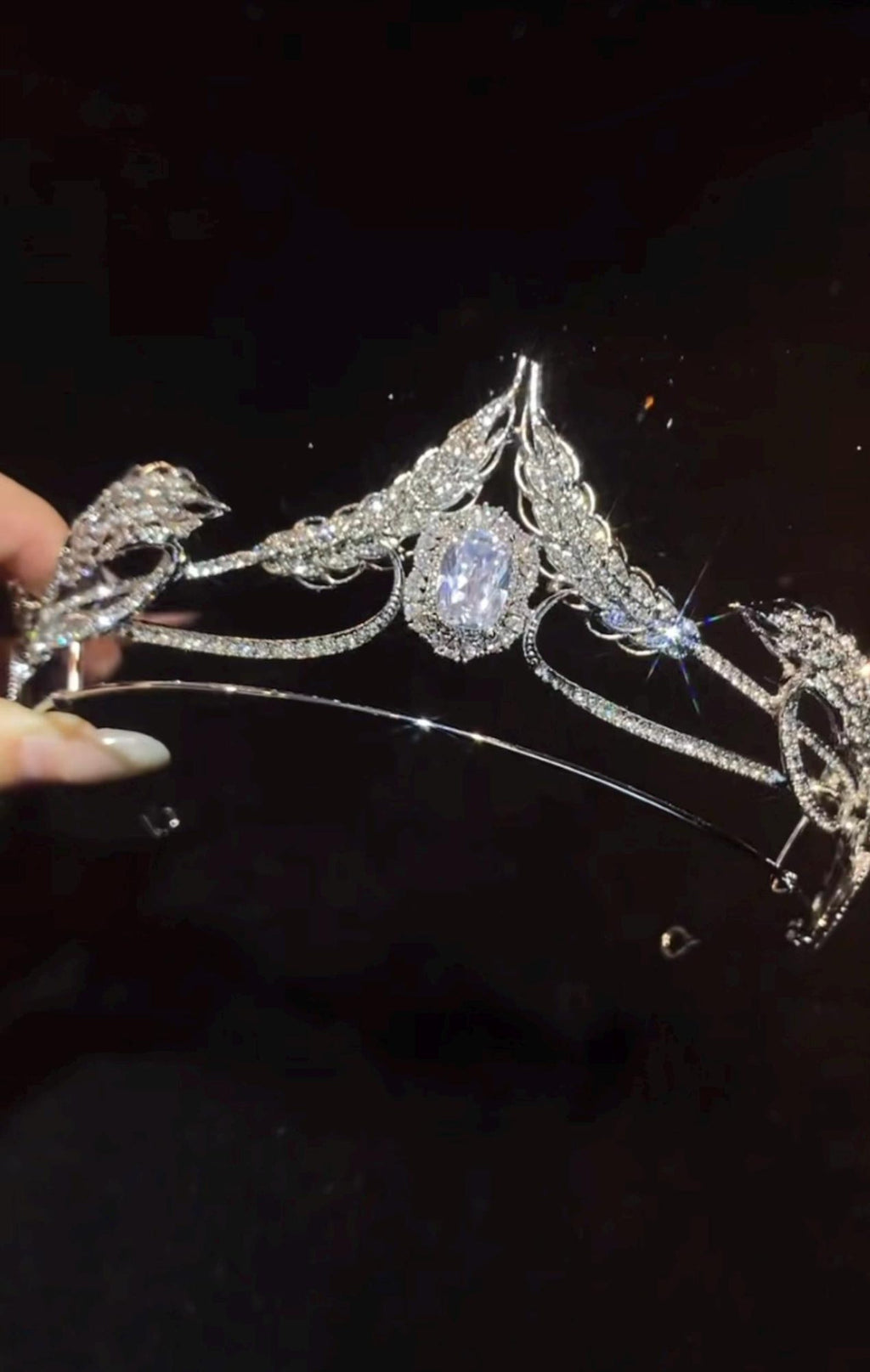 Swan Crystal Bridal Tiara, Leaf Rhinestone Wedding Crown, Large Center Stone Silver Wedding Headpiece For Bride