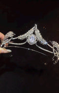 Swan Crystal Bridal Tiara, Leaf Rhinestone Wedding Crown, Large Center Stone Silver Wedding Headpiece For Bride