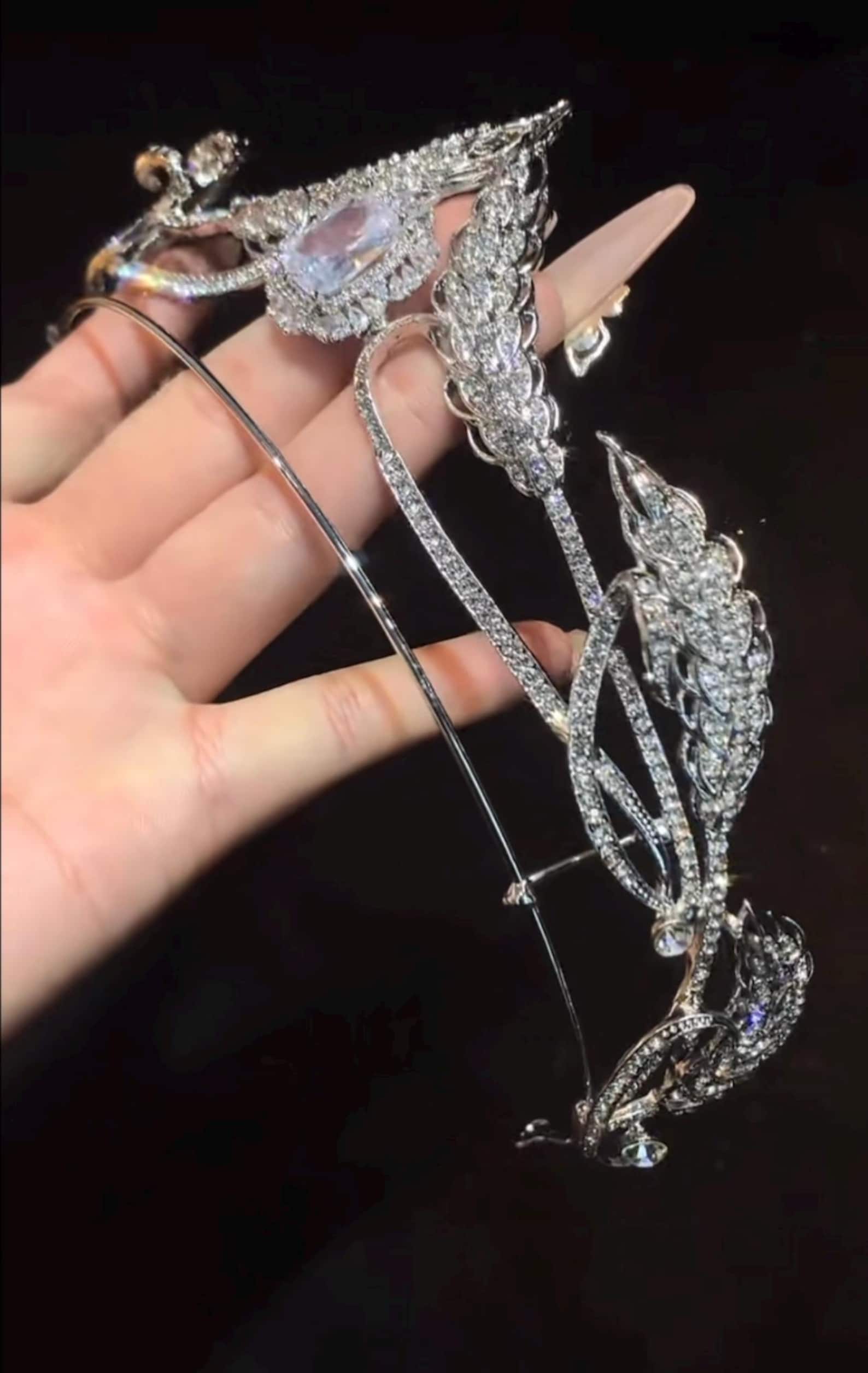 Swan Crystal Bridal Tiara, Leaf Rhinestone Wedding Crown, Large Center Stone Silver Wedding Headpiece For Bride
