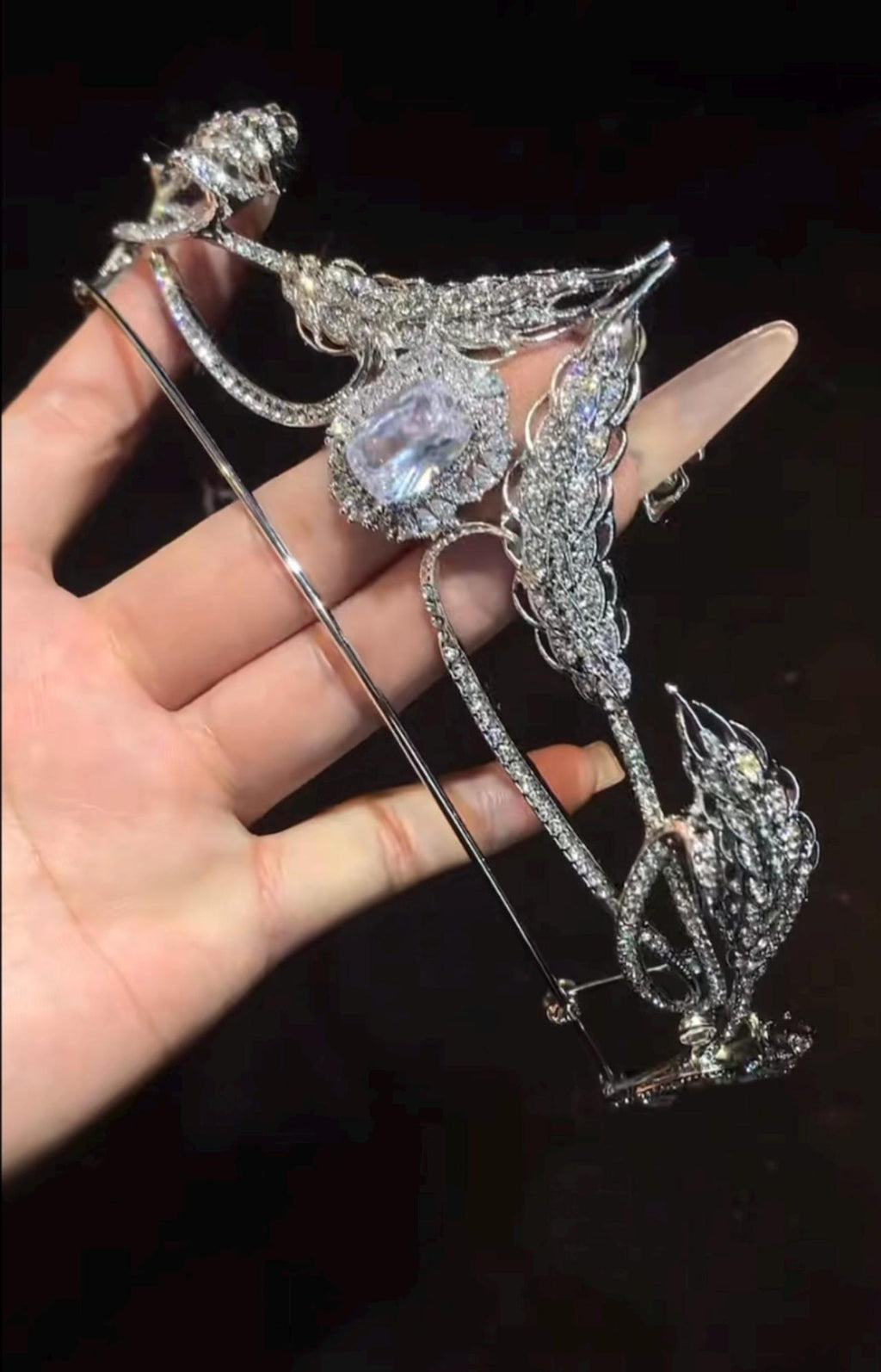 Swan Crystal Bridal Tiara, Leaf Rhinestone Wedding Crown, Large Center Stone Silver Wedding Headpiece For Bride