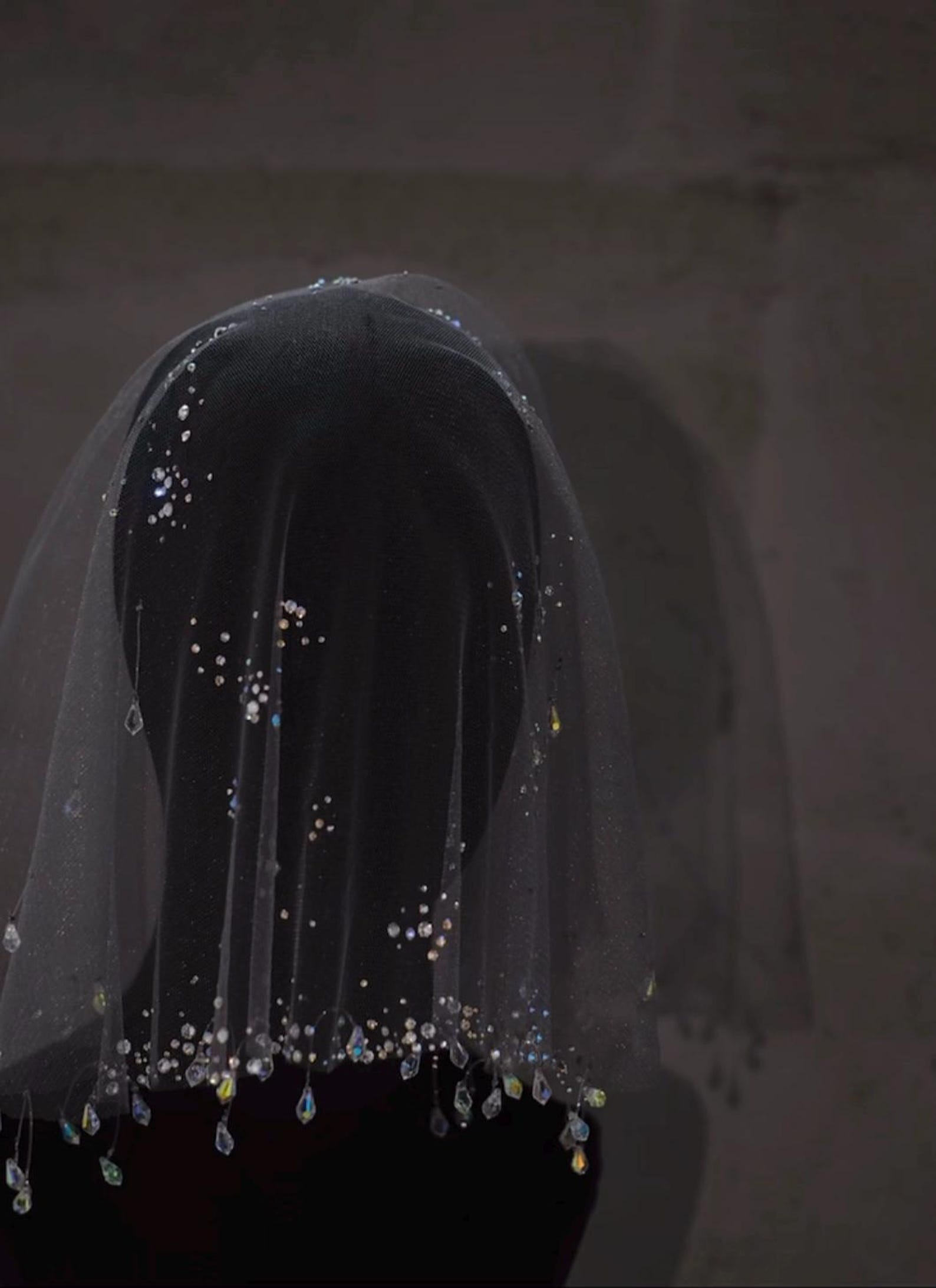 Iridescent Crystal Birdcage Veil, Dotted Rhinestone Net Face Veil, Teardrop Crystal Fringe Short Bridal Blusher