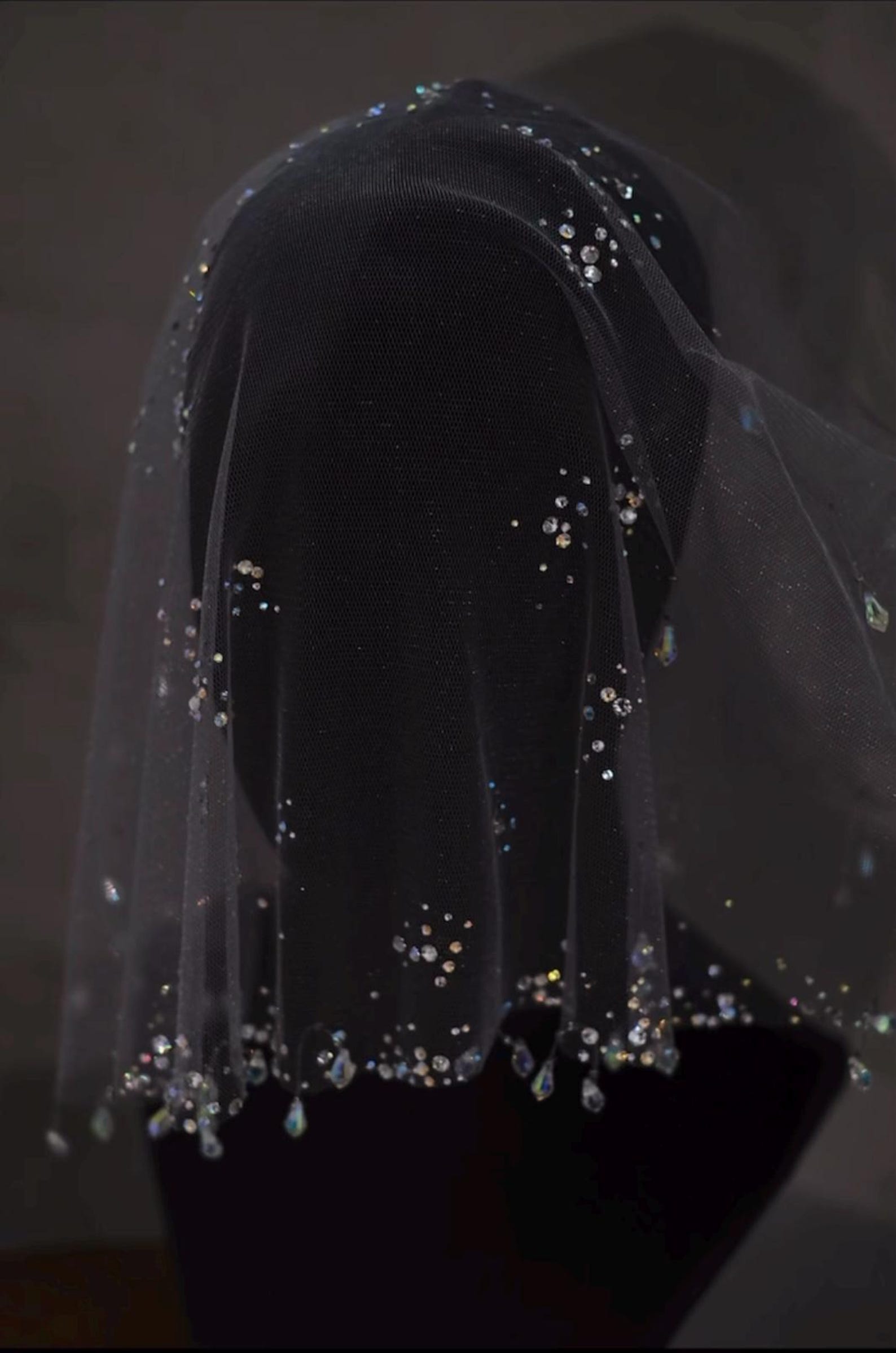 Iridescent Crystal Birdcage Veil, Dotted Rhinestone Net Face Veil, Teardrop Crystal Fringe Short Bridal Blusher