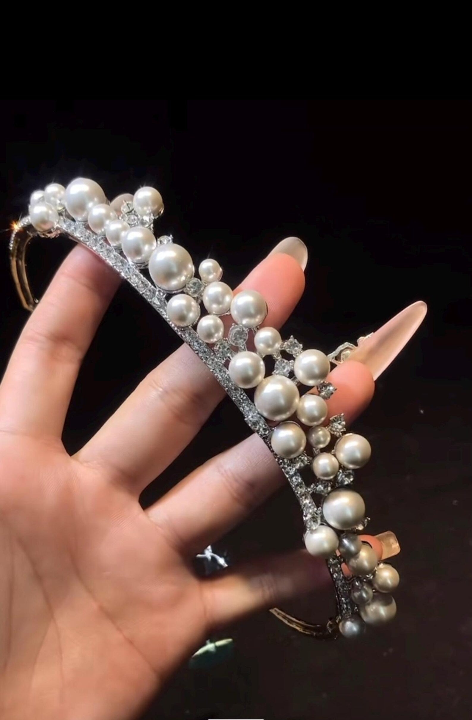 Classic Multi-Size Pearl Rhinestone Tiara, Vintage Cream Pearl Bridal Crown, Silver Crystal Wedding Headpiece for Bride